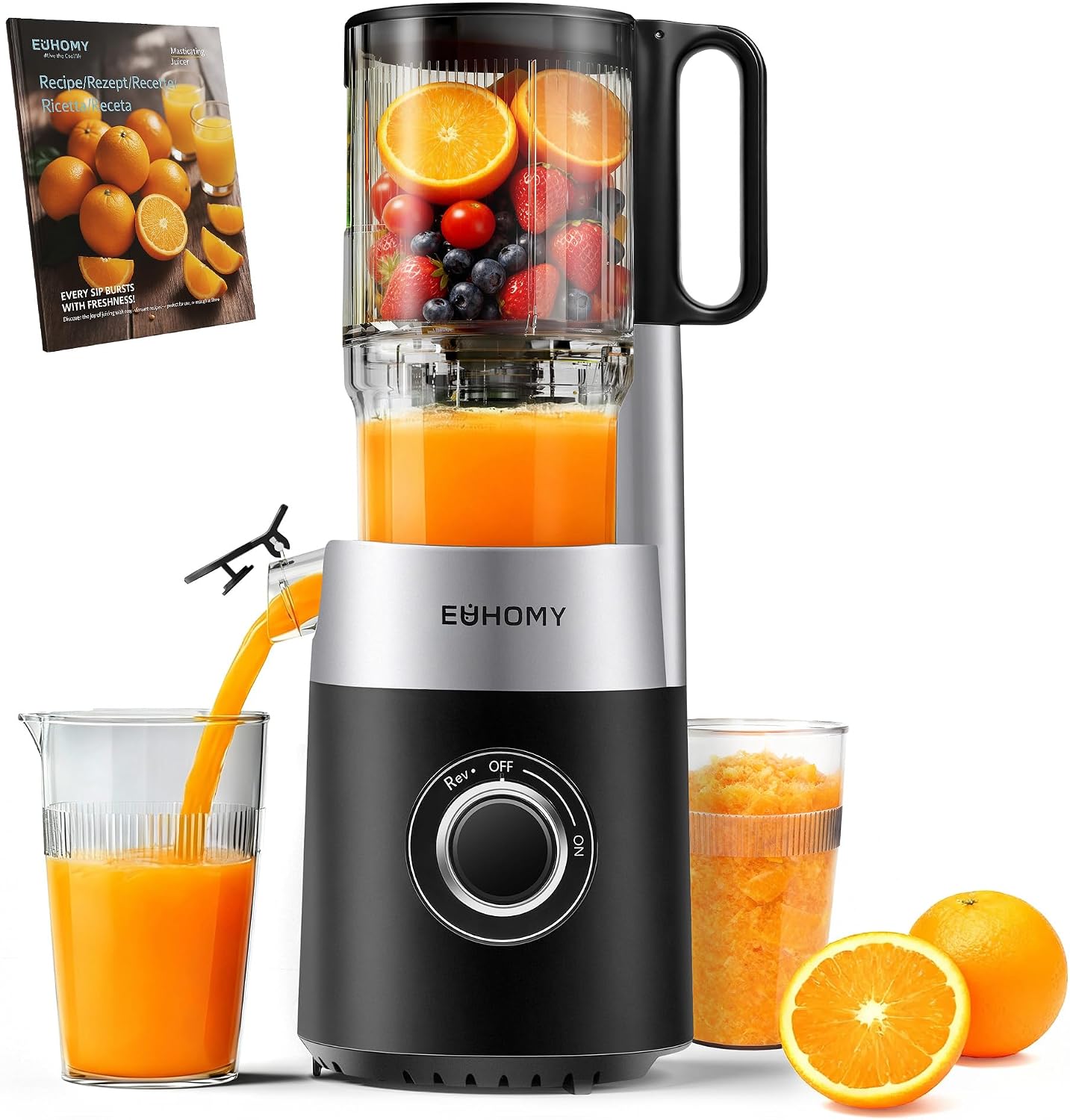 EUHOMY Cold Press Juicer Machine, 135mm&1.8L Chute for whole Fruits and Vegetables, Self Feeding Slow Masticating Juicer with Auto-cutting Auger, Easy Clean, Triple Filter