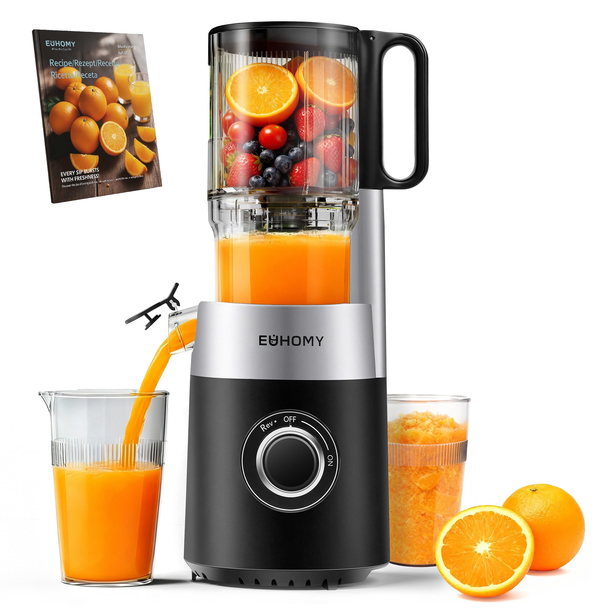 EUHOMY Cold Press Juicer Machine, 135mm&1.8L Chute for whole Fruits and Vegetables, Self Feeding Slow Masticating Juicer with Auto-cutting Auger, Easy Clean, Triple Filter