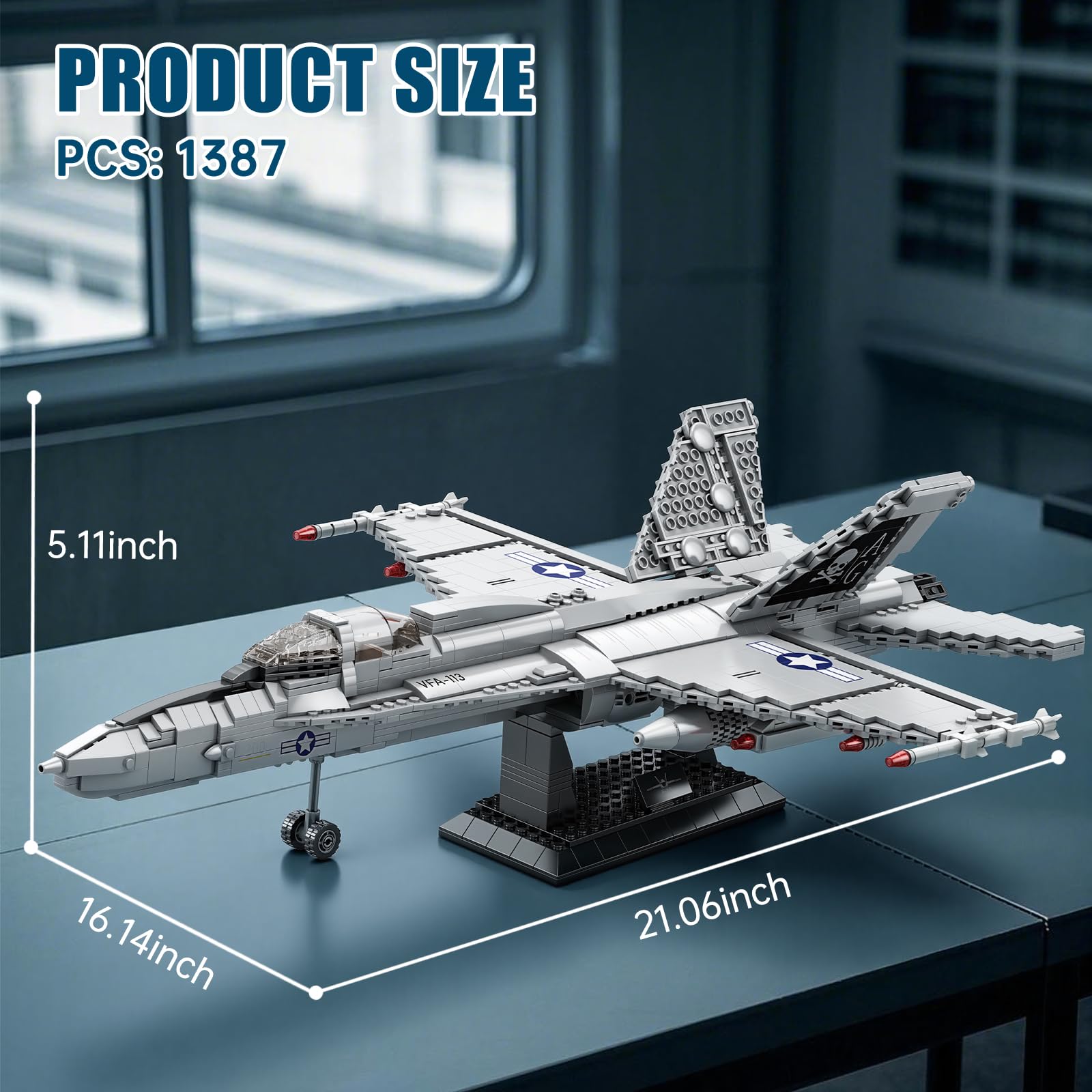 Reobrix F-18 Hornisse Kampfjet Baustein Modellbau Set für Erwachsene 33022 | Militärflugzeug Klemmbausteine, Deko-Objekt mit Ständer, Sammlerstück für Luftfahrt-Fans, Geschenk ab 14 Jahren, 1387 Teile