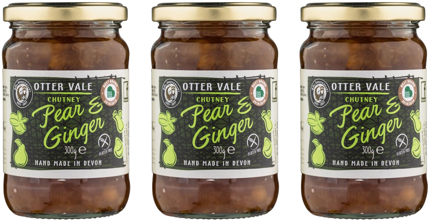 Otter Vale - Pear & Ginger Chutney, pear fruitiness with great stem ginger flavour, hand-made in Devon, gluten-free, 300g glass jar x 3