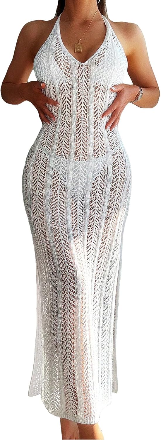 Verdusa Women's Crochet Cover Up Dress Self Tied Backless Knit Halter Dresses Swimsuit Beach Coverups