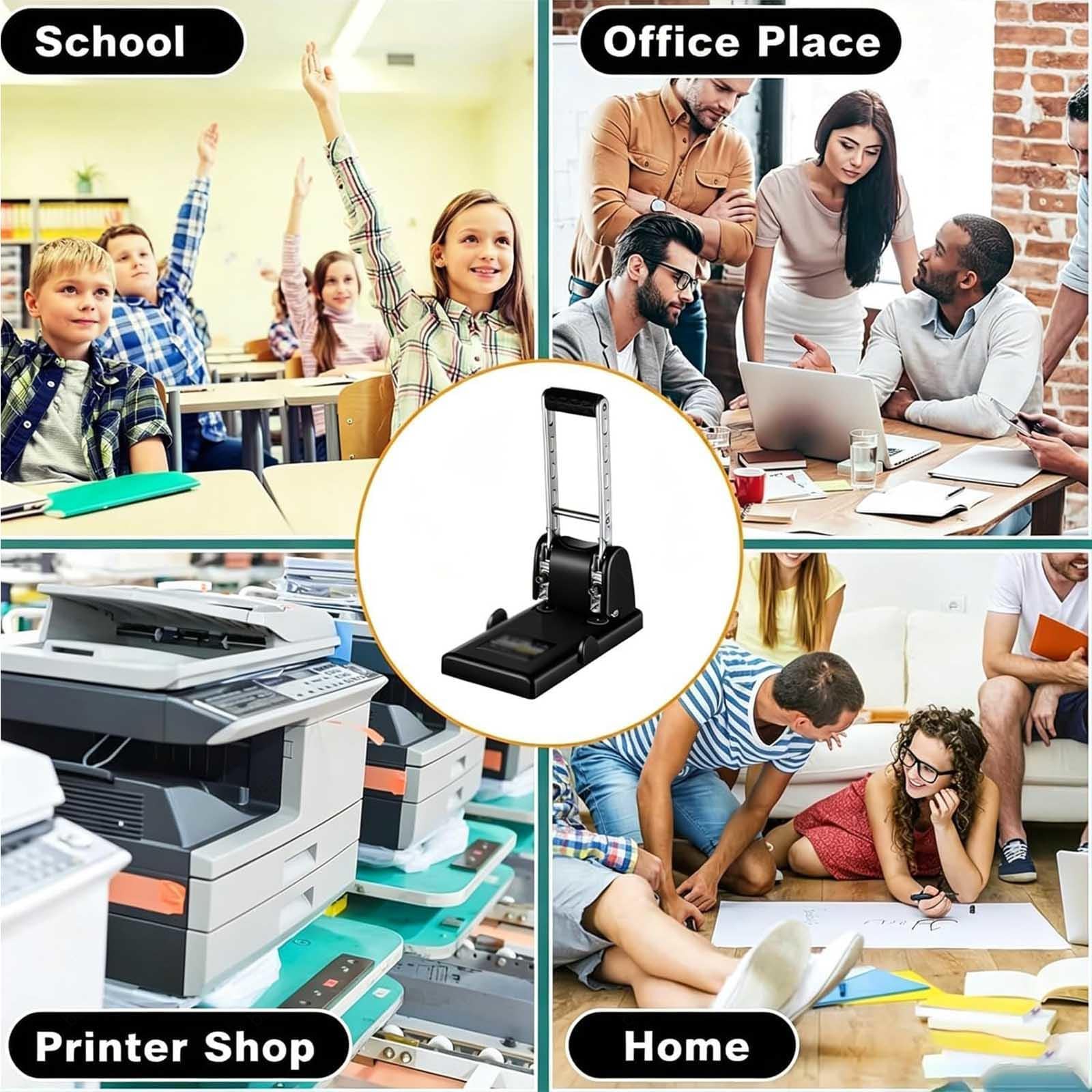 Perforatrice per ufficio resistente, Capacità 100 fogli, Perforatore a 2 fori, Distanza fori 80mm, Guida regolabile, Ergonomica per carta A4, Nero