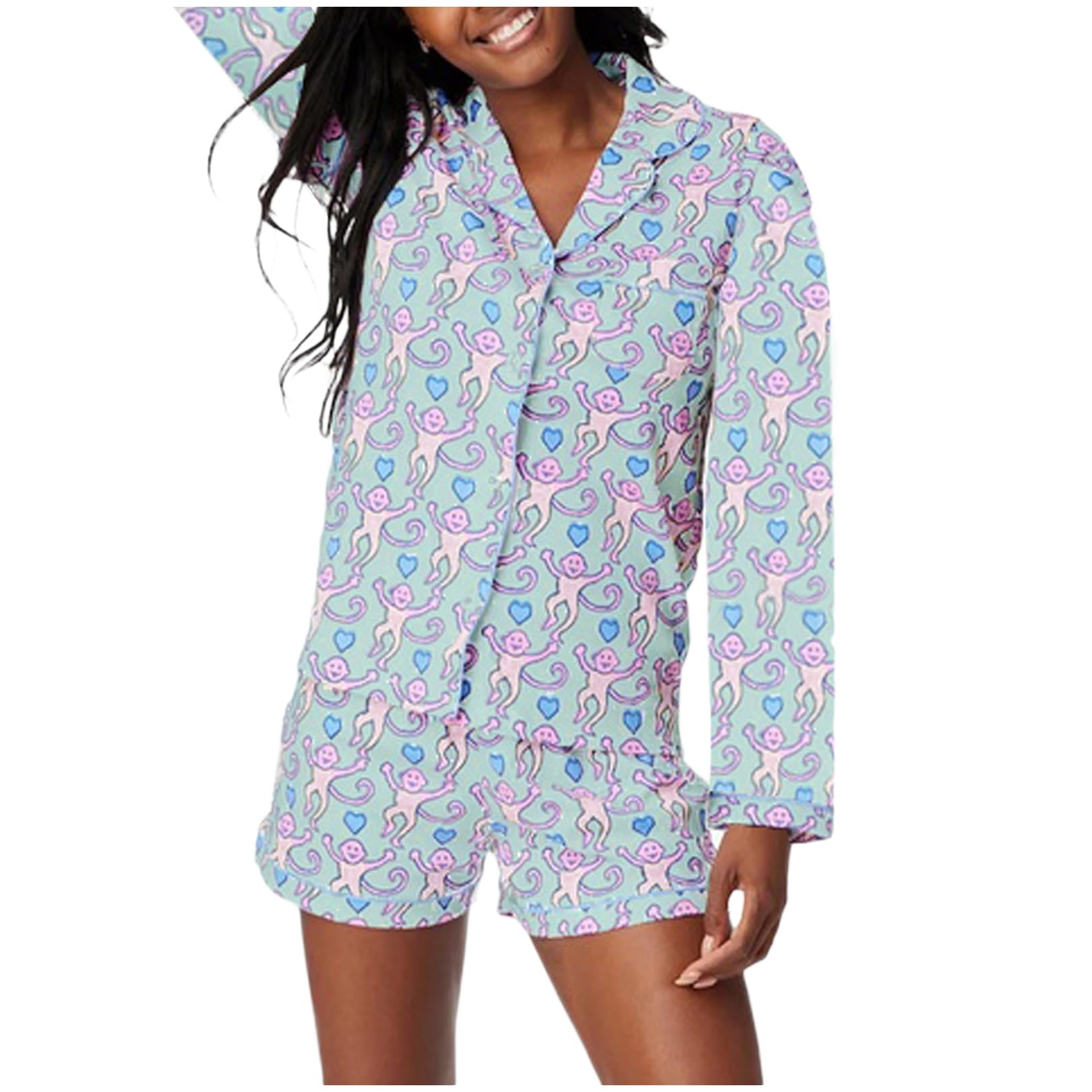 Women Monkey Pajamas Y2k 2 Piece Long Sleeve Button Down Pjs Shirt Sleep Shorts Preppy Lounge Sets
