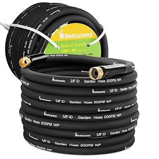 Beitopamz 150 ft Garden Hose, 5/8 in Heavy Duty Water Hose, Flexible and Durable, Lightweight Rubber Hybrid Hose, Leak-Free Connections, Male to Female 3/4'' Brass Fittings for Patio, Lawn, Black - Amazon product rated Grade A