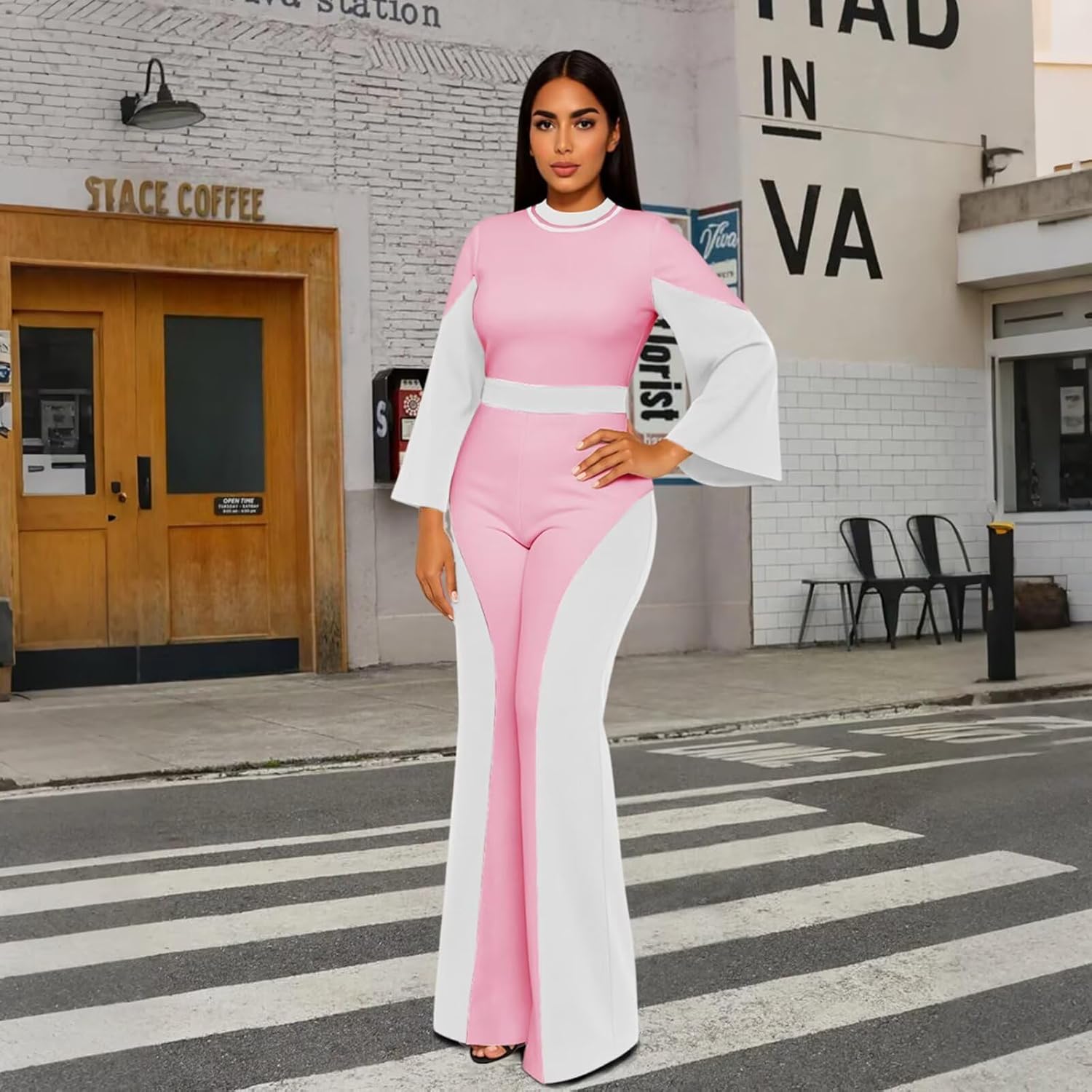 WXN Two Piece Sets for Women Going Out Long Flared Sleeve Colorblock Crop Top Wide Pants Set Brunch Outfits - Image 7