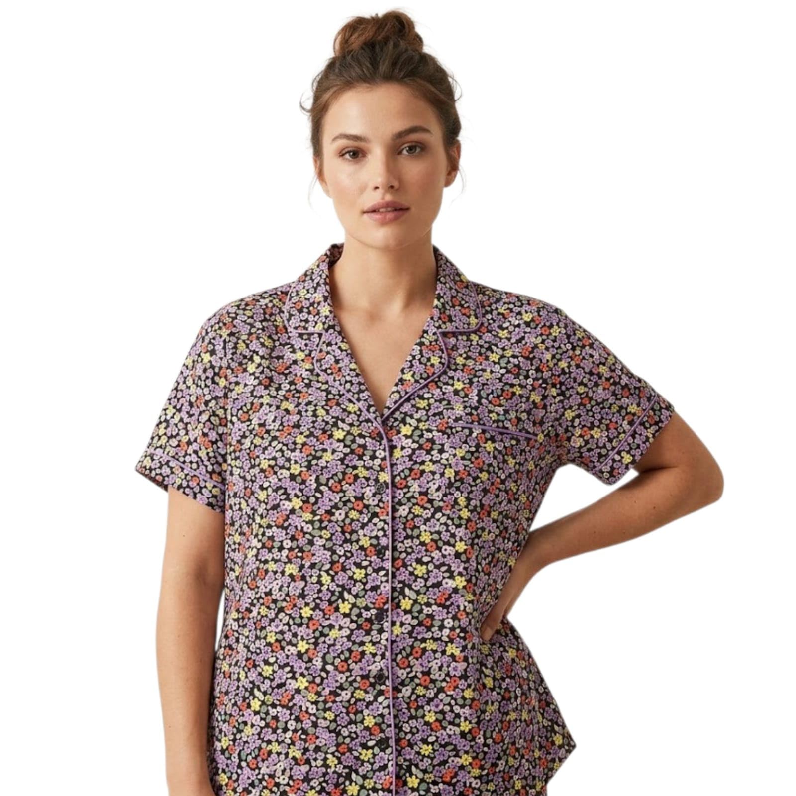 Premium Womens Black Multicolor Floral Notch Collar Short Sleeve TOP-image-29
