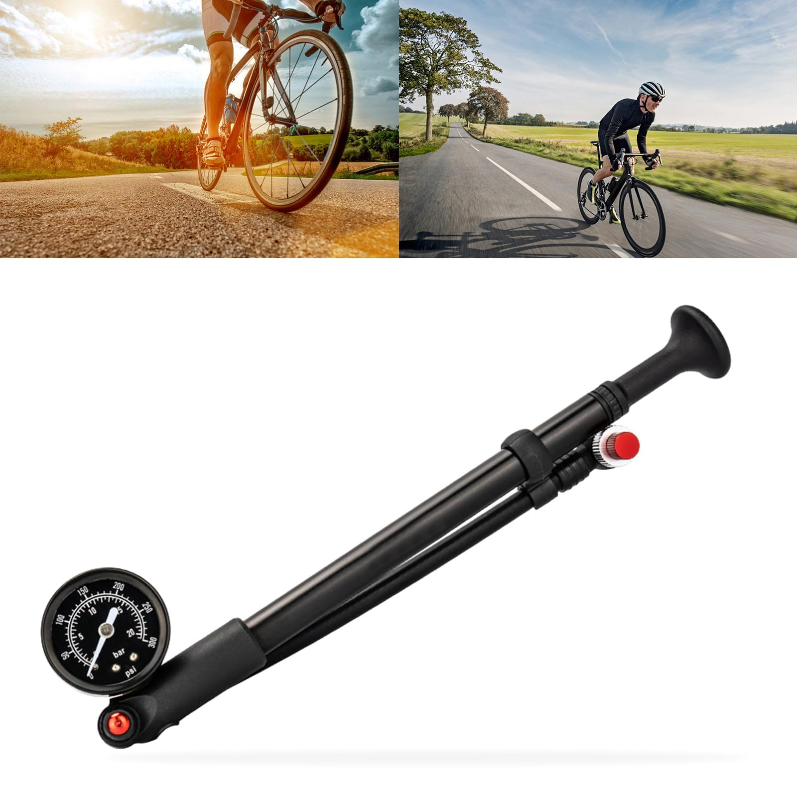 Tragbare Mountainbike-Stoßpumpe, 300 Psi, Hochdruck-Vordergabelpumpen mit Manometer und Entlüftungsknopf, einfach zu bedienen