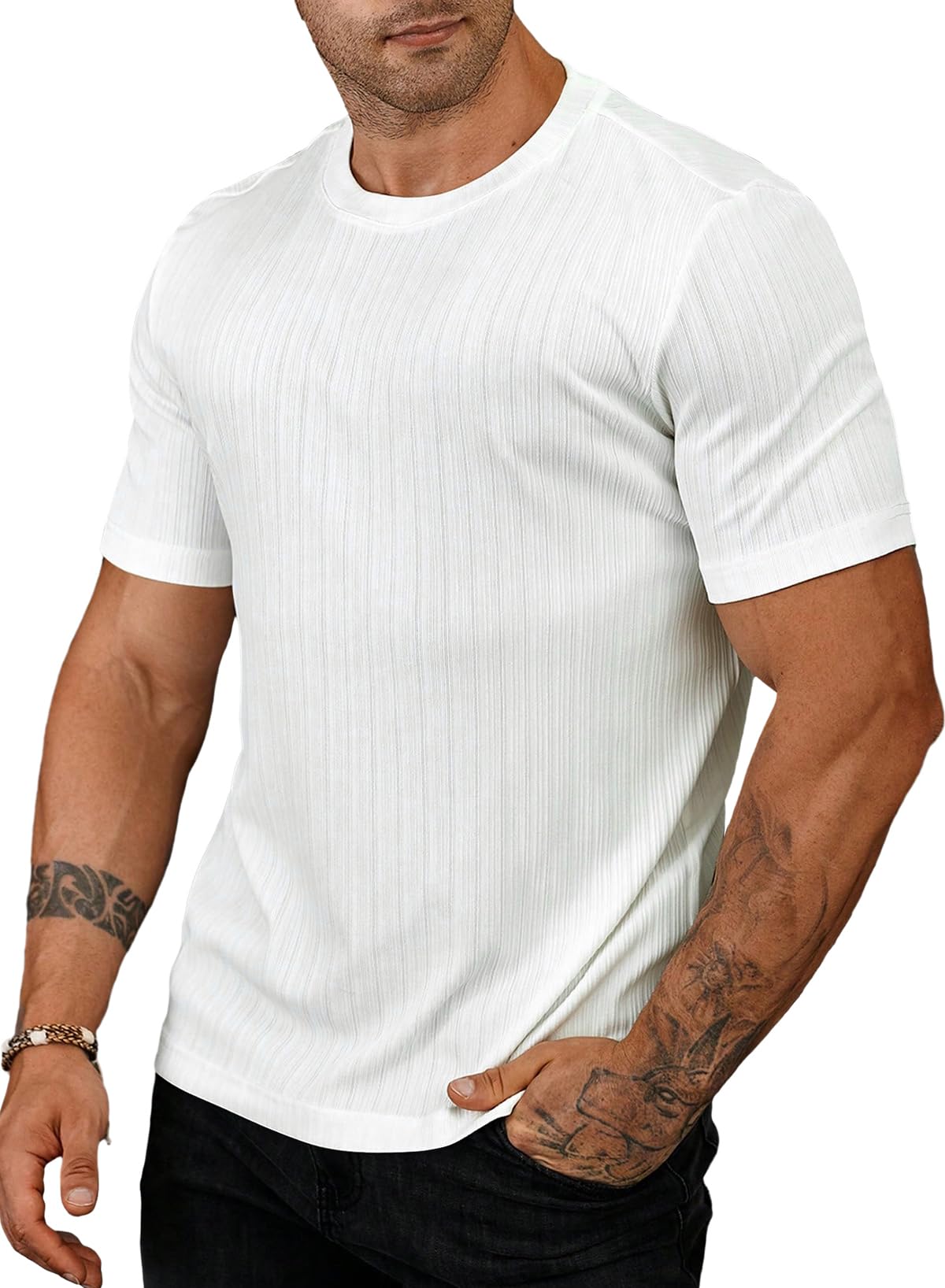 JMIERR Men's Muscle T-Shirt Crewneck Short Sleeve Longline Gym Workout Textured Tees Shirts
