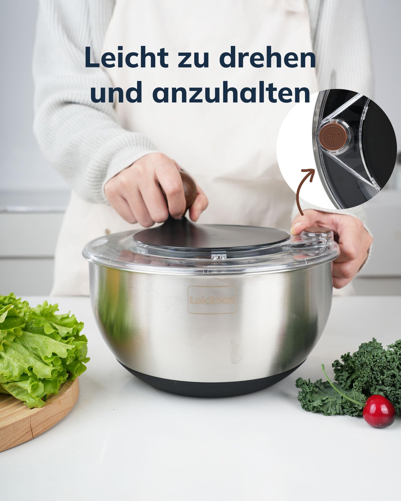 Salatschleuder Edelstahl 18/10 - Salad Spinner mit Rutschfester Boden & Stopptaste, Salat Schleuder, BPA-frei & Spülmaschinenfest, 5L Groß