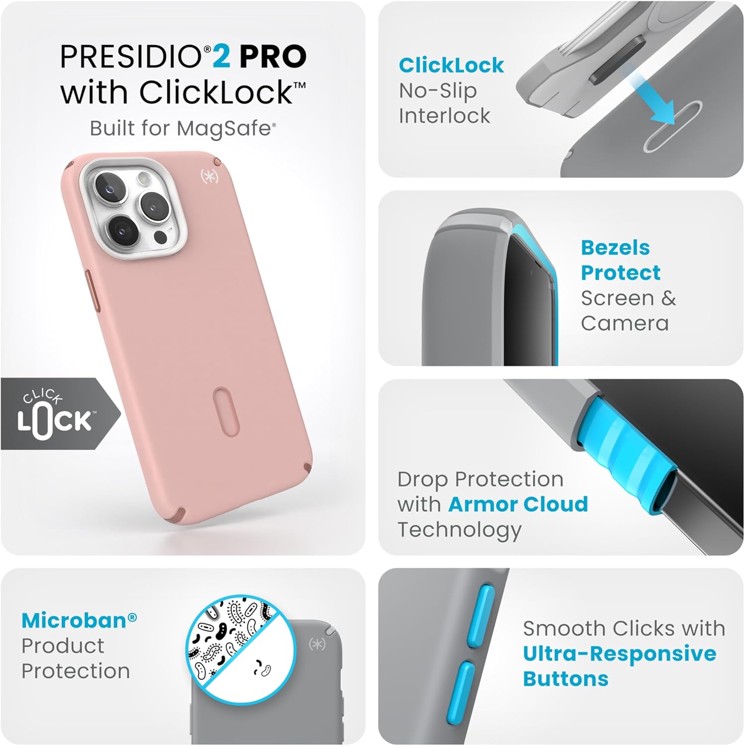 Speck iPhone 15 Pro Max Case - ClickLock No-Slip Interlock, Built for MagSafe, Drop Protection - Scratch Resistant, Soft Touch, 6.7 Inch Phone Case - Presidio2 Pro Dahlia Pink/Rose Copper/White