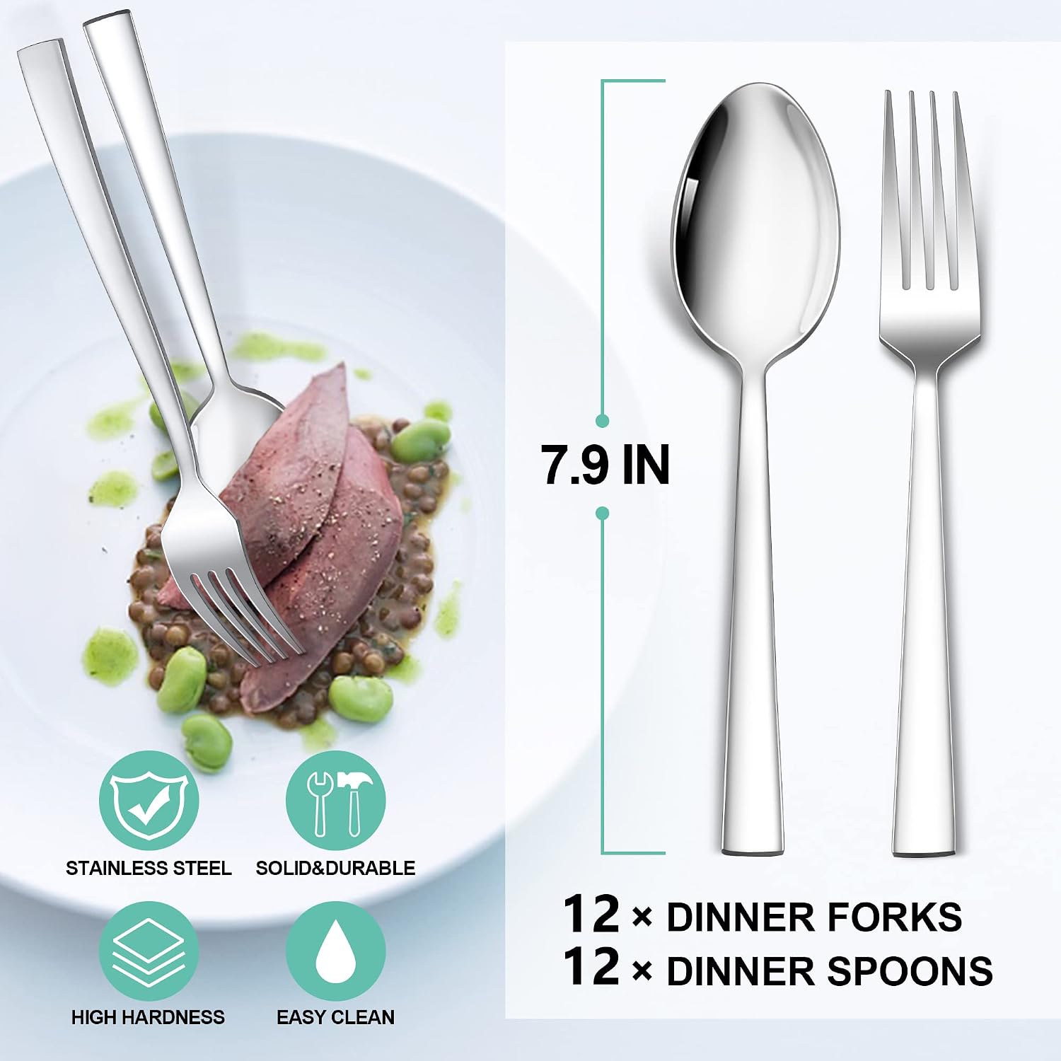 24-Piece Spoons and forks Set, E-far Stainless Steel Square 12 Dinner Forks and 12 Dinner Spoons, Modern Metal Silverware Flatware Cutlery for Kitchen and Restaurant, Dishwasher Safe-7.9 Inch