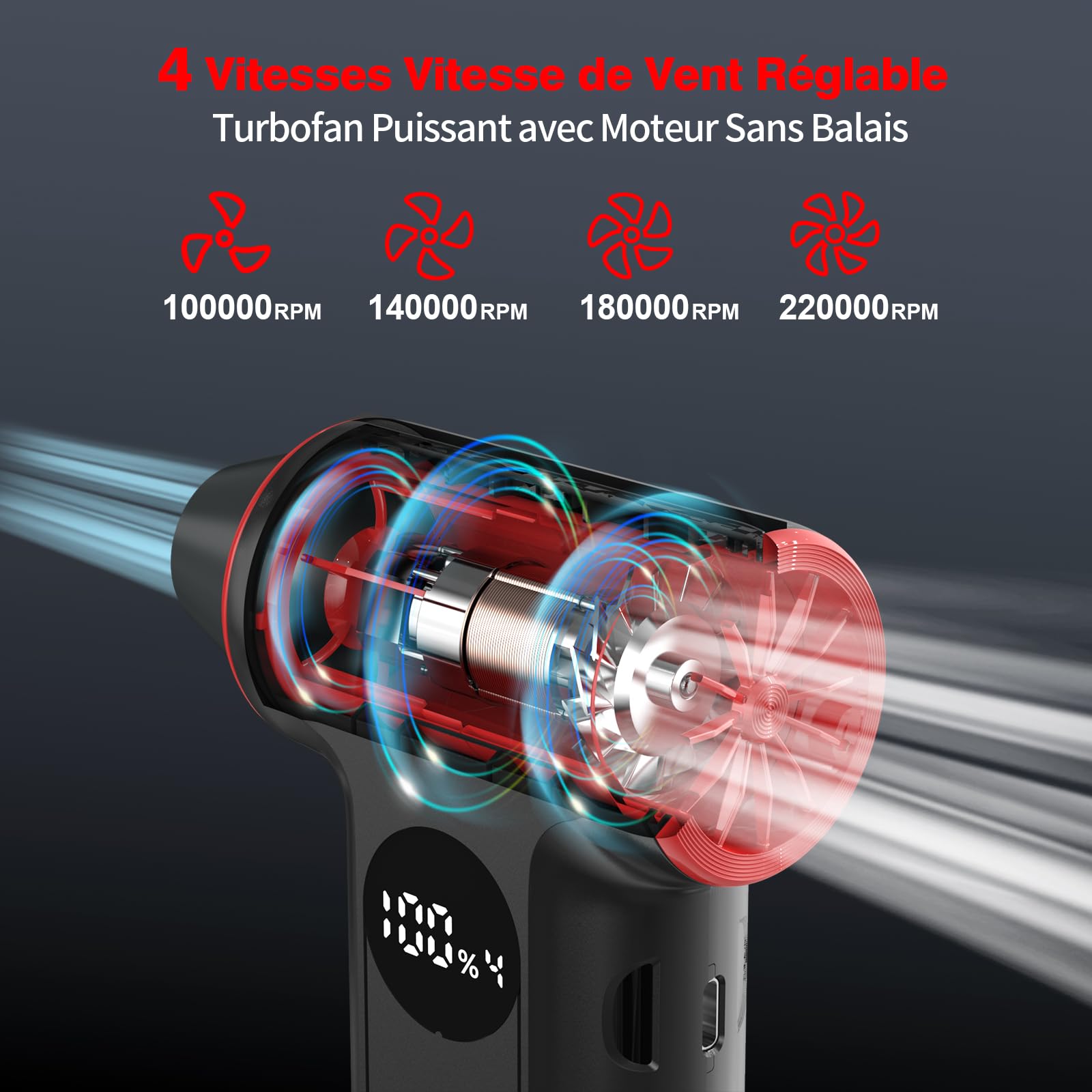 FNNEMGE Souffleur Air Comprimé 220000 tr/min, Dépoussiéreur Electrique à 4 Vitesses Réglables. Adapté à l'élimination de la Poussière sur Ordinateurs, Claviers, Voitures, en Extérieur et à la Maison