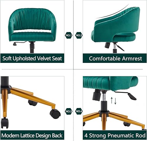 Miniatura 5 de Silla de oficina en casa, silla de escritorio giratoria de terciopelo, moderna y bonita silla de escritorio verde con base dorada para niñas y