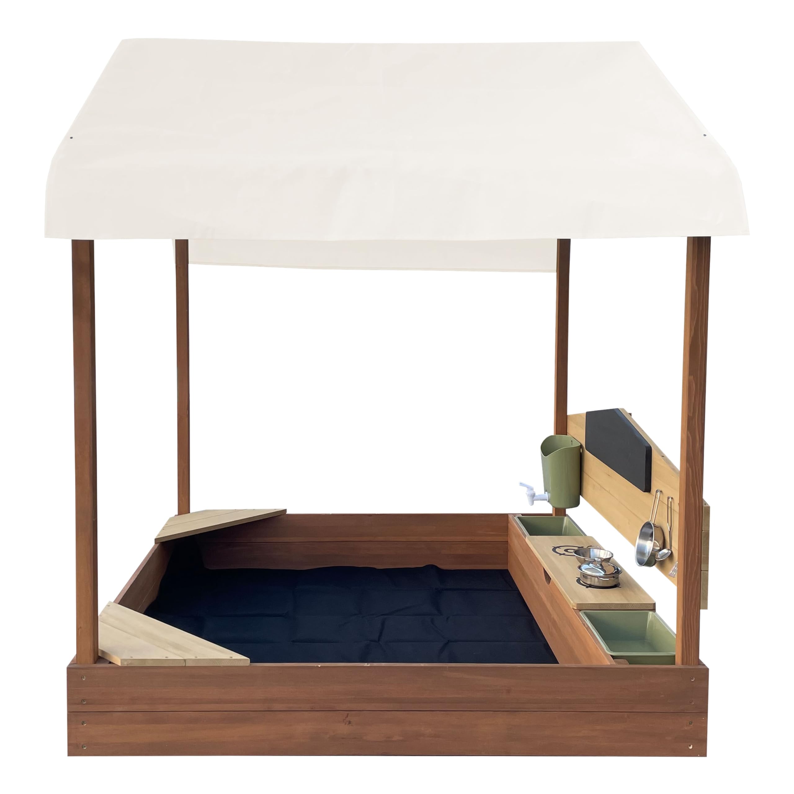 AXI Meli Sabbiera e casetta da gioco in legno con cucina e tettuccio - Marrone | Con lavagna, serbatoio per l'acqua e set da 6 pezzi | Con rivestimento e copertura protettiva | 120 x 120 x 144,5 cm