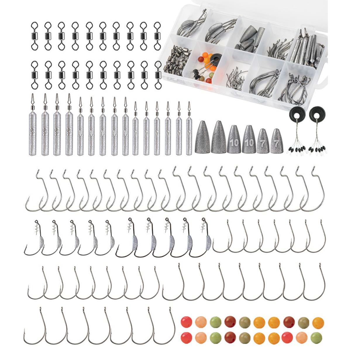 FOLANDO 123-Piece Fishing Rig Kit - Weedless Texas with Swivel Hooks & Beads | 360° Spin Anti-Tangle | Complete Bass/Pike Accessories