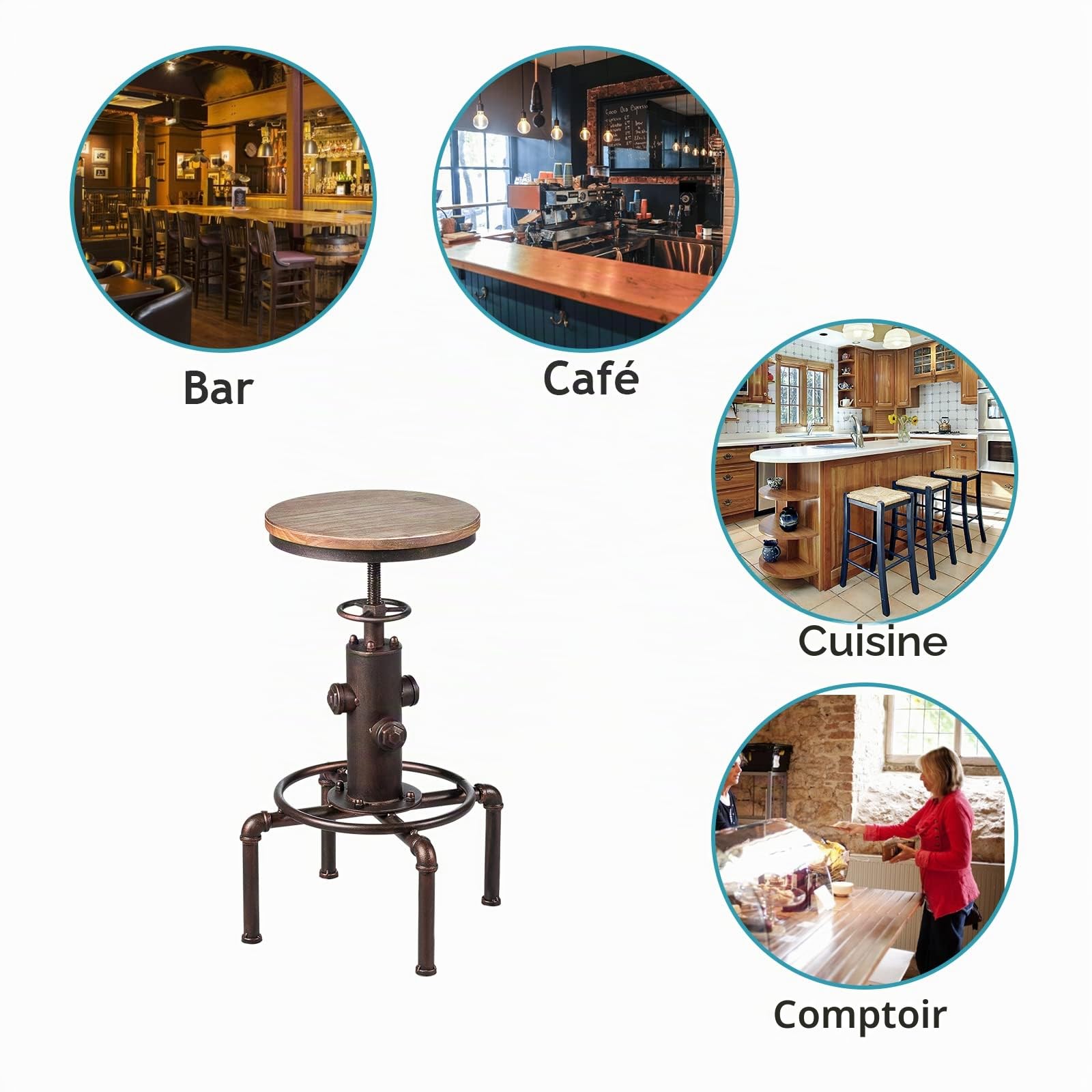 LIFEZEAL Tabouret de Bar Industriel Réglable en Hauteur | Chaise Haute Pivotante 360° avec Repose-Pieds, Siège en Pin 33x33CM, Structure en Fer, Charge 150 KG, Bronze