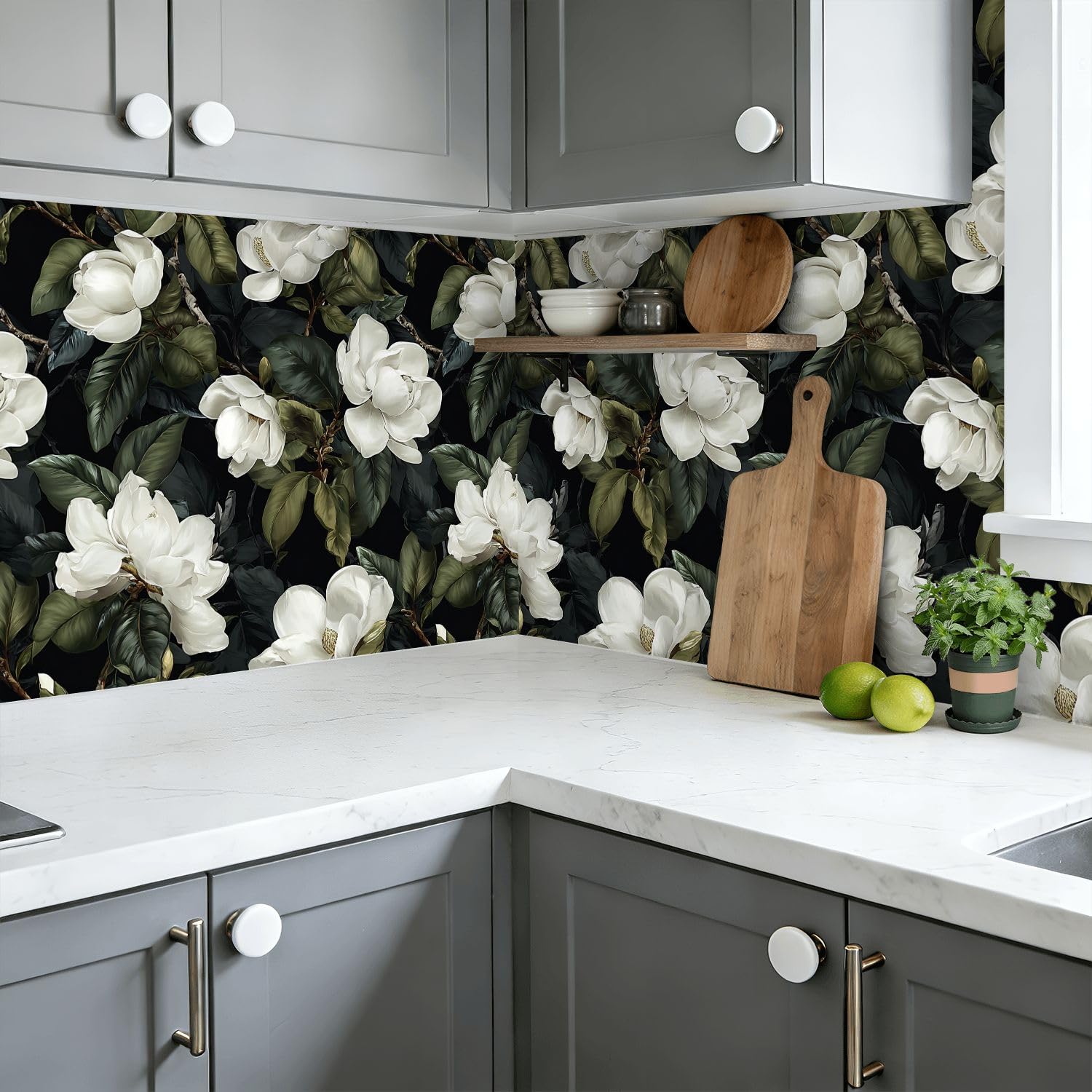 Rivestimento per mensole e armadietti, elegante bianco magnolia fiori verde scuro foglie nere autoadesivo per cassetti 45 cm x 3 m carta da parati per mobili da cucina