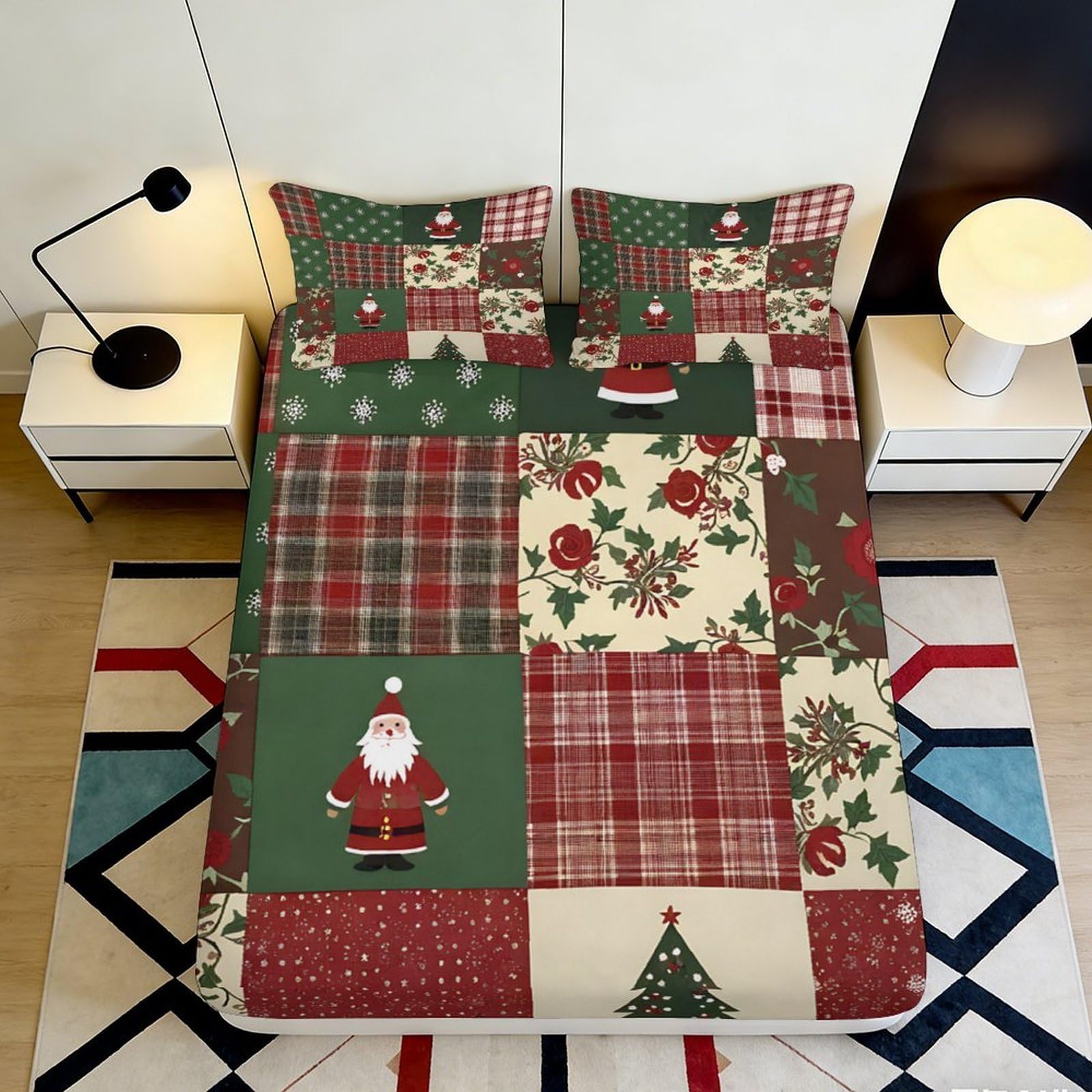 3D Printed Christmas Patchwork Fitted Sheet Microfiber Soft Plaid Santa Bed Cover for Bedroom Dorm Decoration 90x200x25cm
