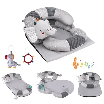 3-in-1 Tummy Time Pillow and Seated Support Playmat with Detachable Early Sensory Toys for Infant, Sitting Support to Prevent Reflux, Portable Gifts for Newborn Boys and Girls Gray