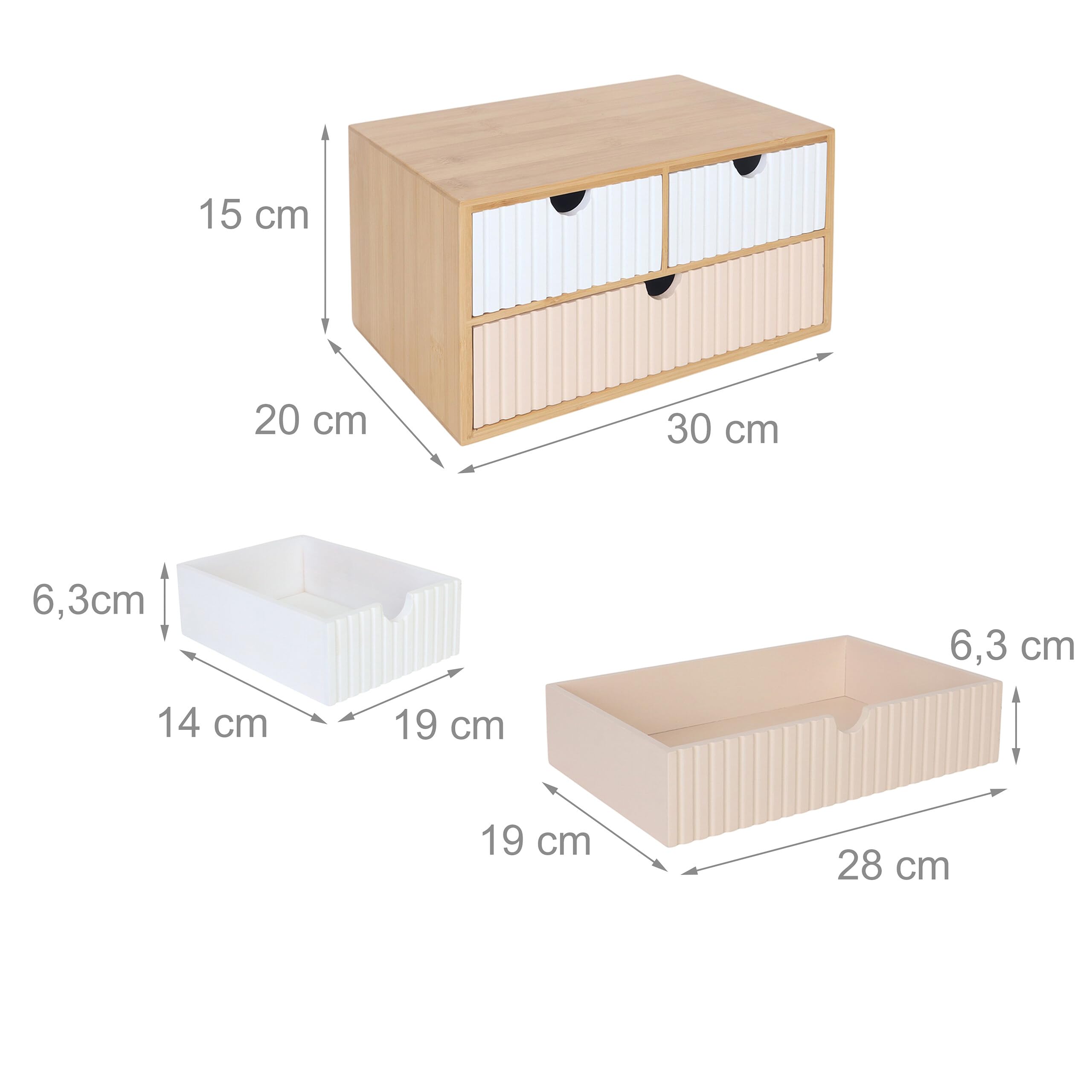 Caja de cajones Relaxdays, bambú y MDF, 3 cajones, H x A x F: 15 x 30 x 20 cm, Organizador de Escritorio, Blanco/Rosa