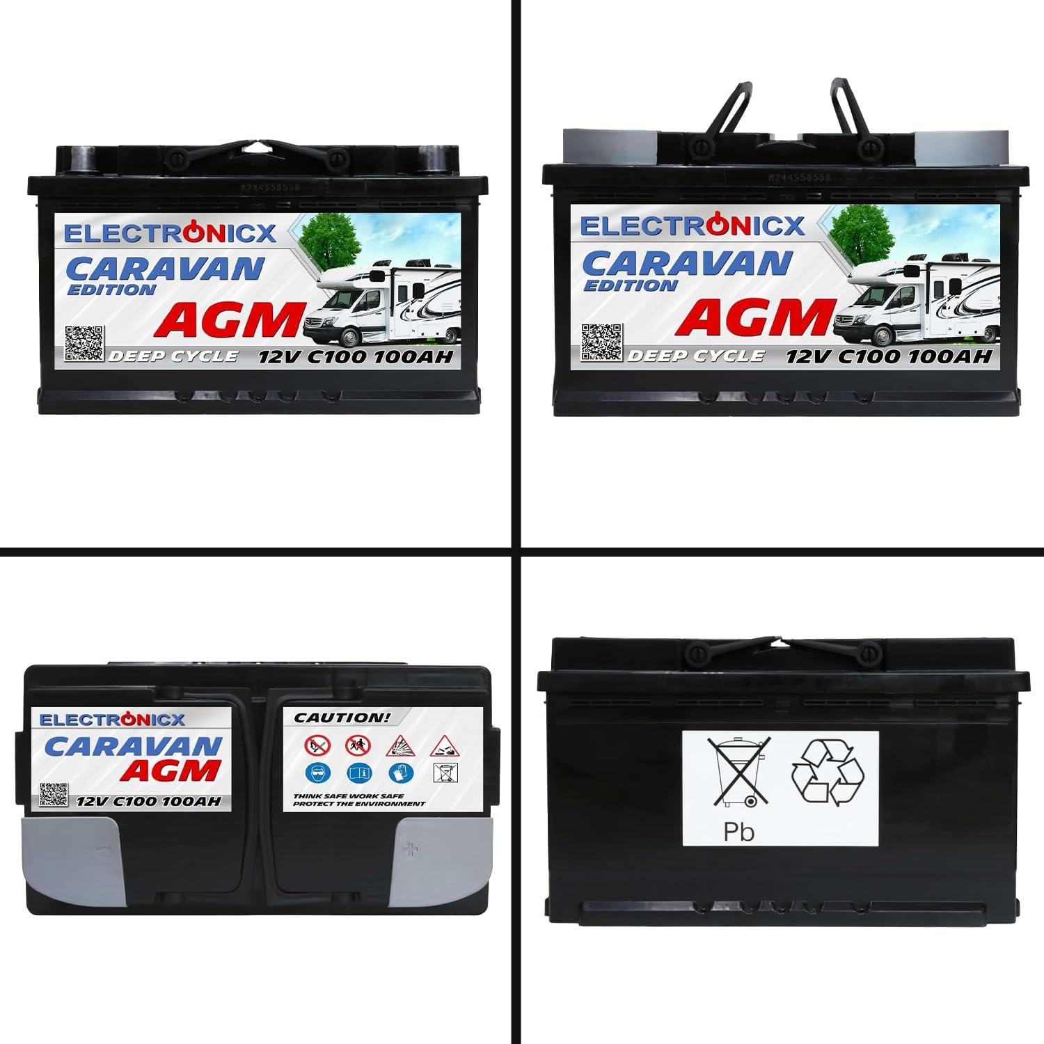Electronicx batería AGM Caravan 12V 100Ah / 100 Ah deep cycle sellada sin mantenimiento, polo positivo a la derecha – batería para autocaravana, caravana, solar – 278×175×190mm