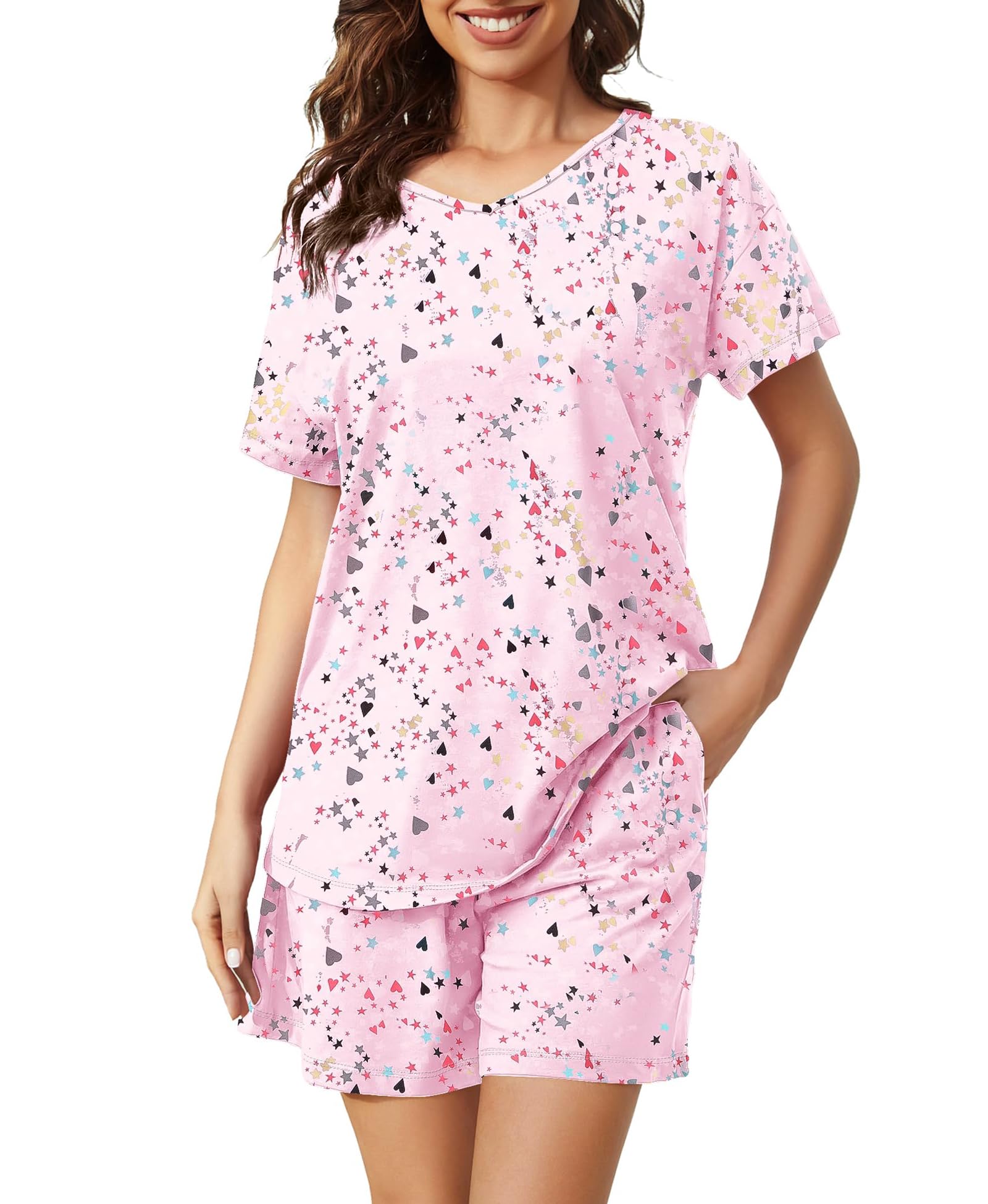 Pyjama Femme Ete Coton Manches Courtes Pyjama Short Femme Vêtements de Nuit avec Imprimé et Poches pour la Maison et Le Sommeil, S-XXXL