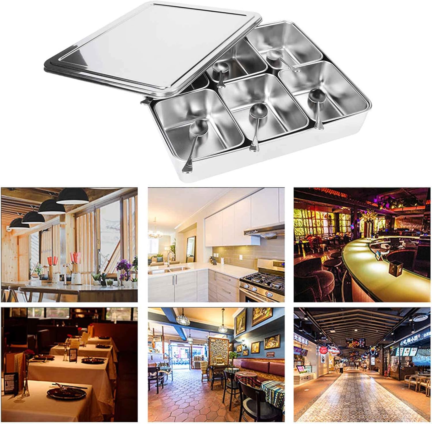 Seasoning Box, 6 Grid Stainless Steel Storage Container Condiment Jars Seasoning Box with Cover and Spoon Kitchen Utensils for Home Restaurant