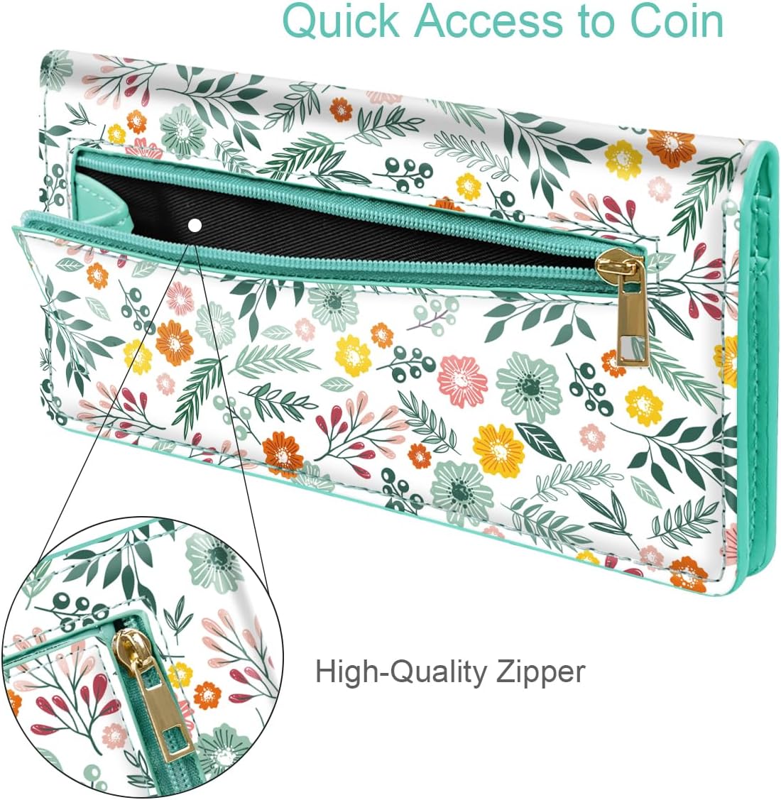 Ultra Slim Womens Wallet Minimalist Thin Long Leather Bifold Wallet RFID Blocking Card Holder Organizer with Zipper Coin Pocket Ladies Girls Gift Purse, Green Flowers - Image 5