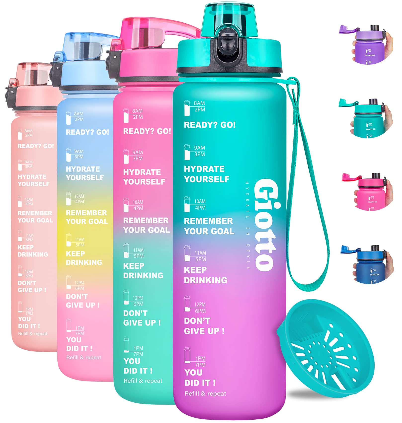 Giotto 32oz Motivational Water Bottle with Times & Removable Strainer to drink, Resuable Leakproof BPA Free Sports Water Jug to Remind You Drink More Water