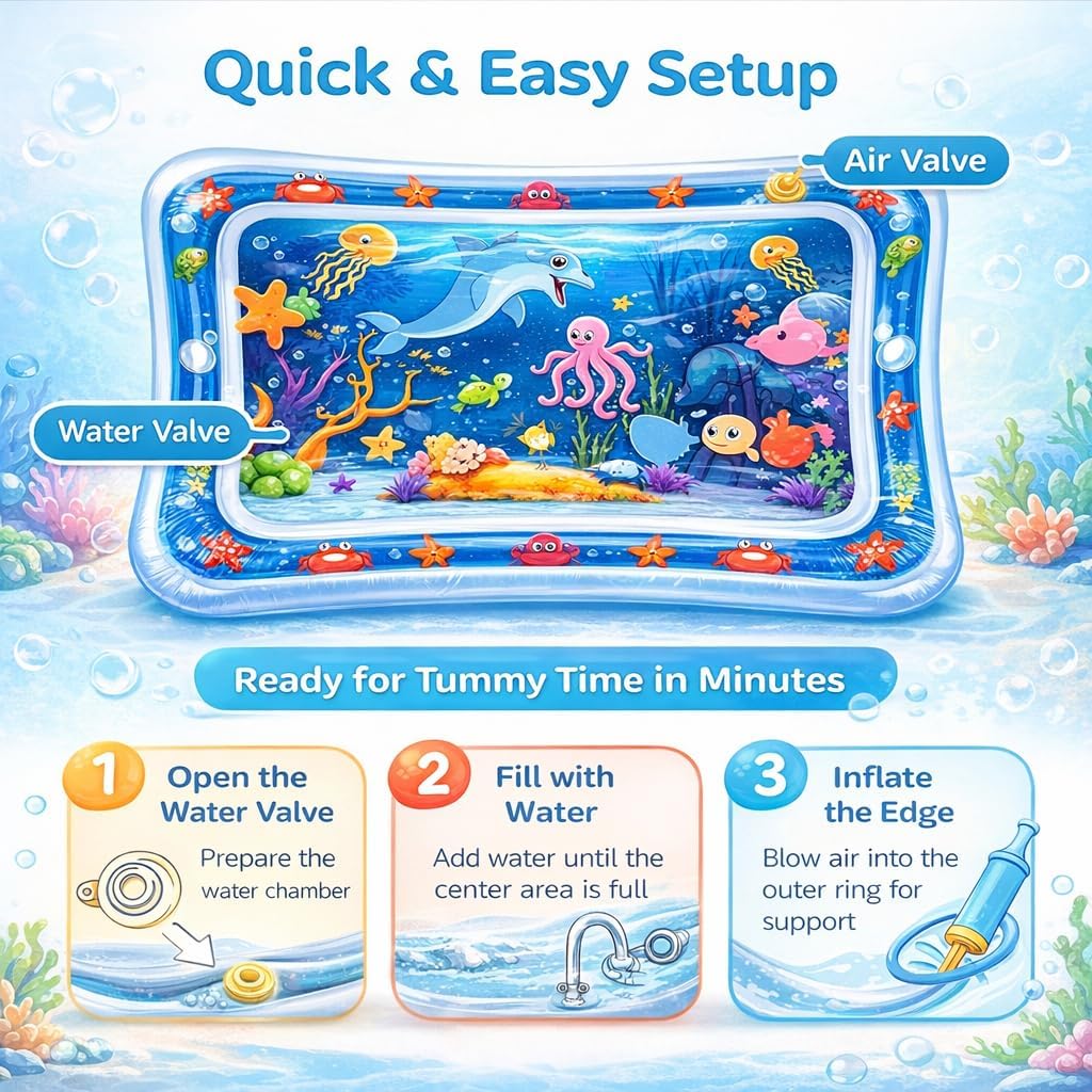 Inflatable Tummy Time Water Mat for Babies – Baby Play Mat with Floating Sea Animals, 4-24 Months, Ideal for Baby's Muscles Developments.