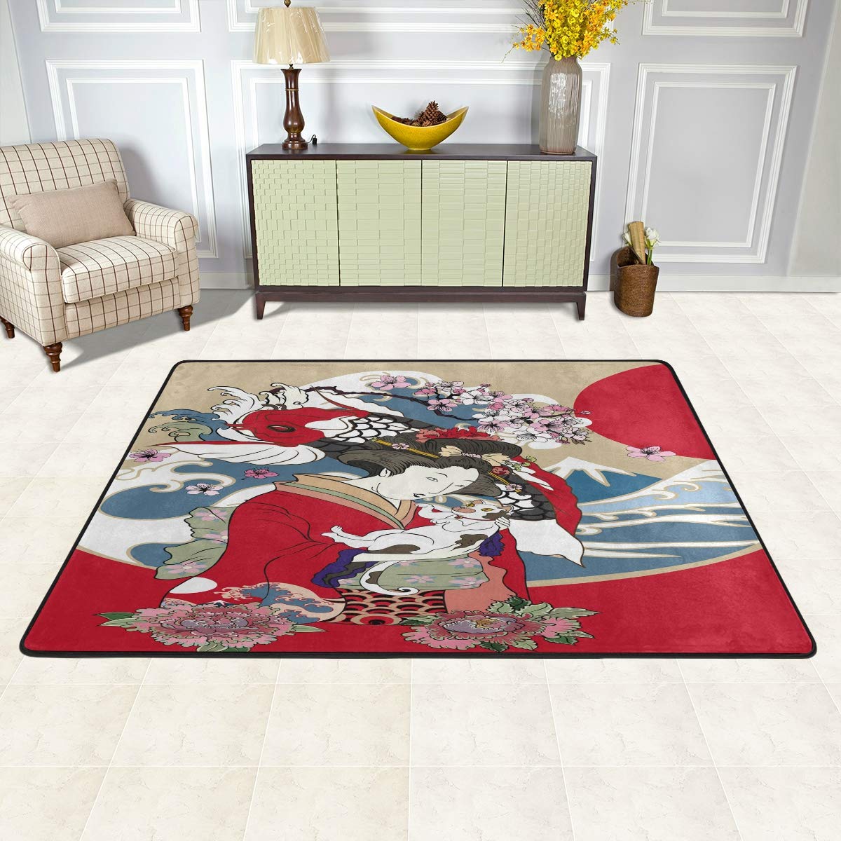 Tenture Murale Geisha Japonaise 130x150 Cm - Motif Fleurs De Cerisier | Décoration Chambre, Salon, Style Asiatique - 2