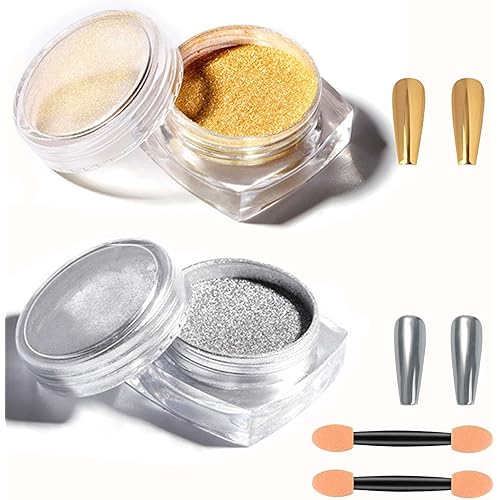 2Pcs Gold Silver Chrome Nail Powder,Holographic Highly Pigmented Chrome Powder,Metallic Glitter Nail Powder Magic Art Mirror Titanium Alloy Glitter Art Decoration Set