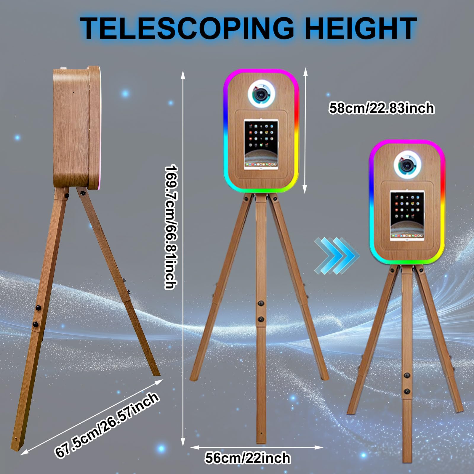 Statyw fotobudka z oświetleniem pierścieniowym kompatybilna z powierzchnią/tabletem/iPadem do fotobudki 25.9 cm-33.0 cm Shell Stand Selfie Photobooth Machine na wydarzenia (odcień drewna, maszyna +