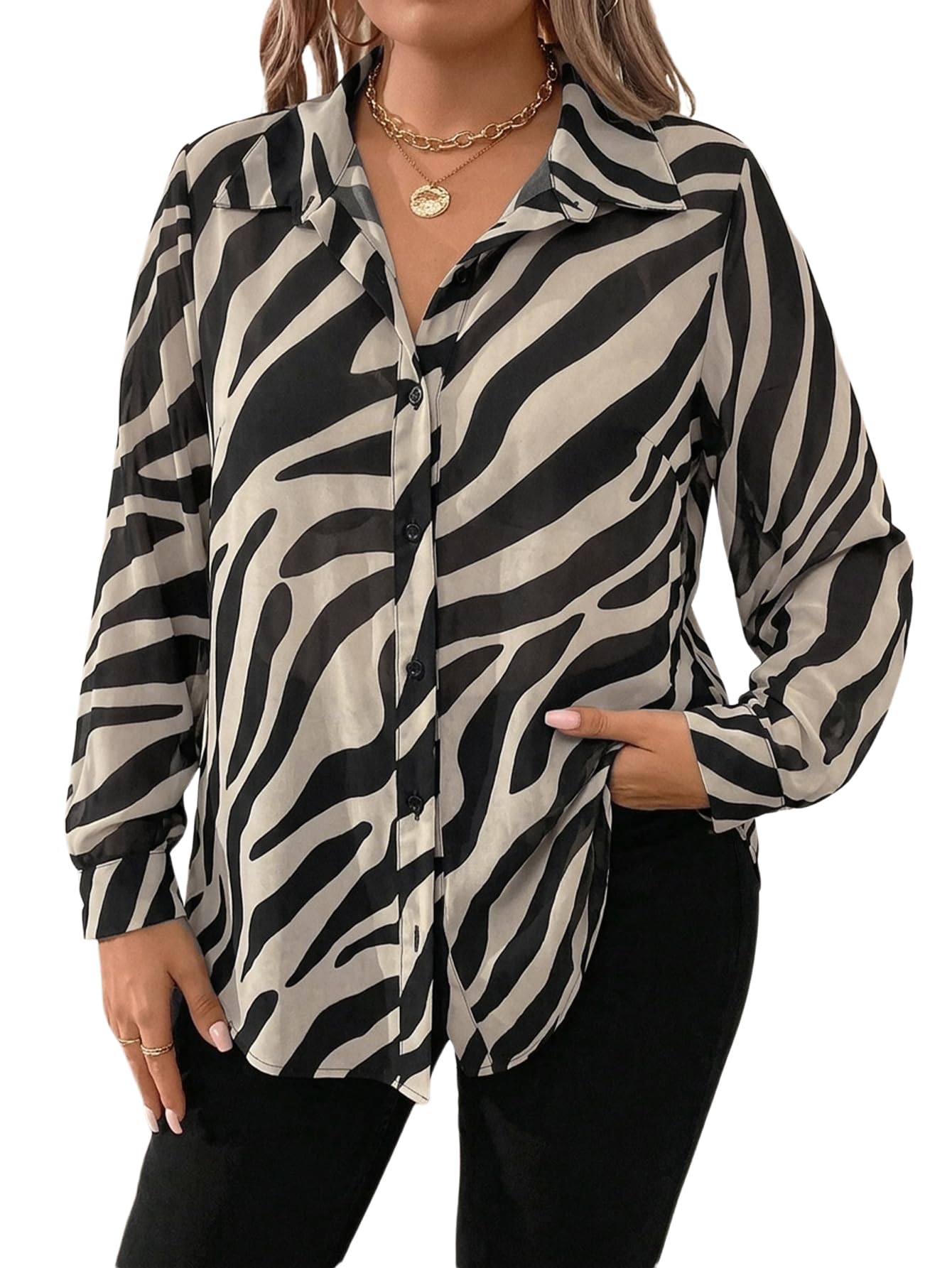 Floerns Women's Plus Size Long Sleeve Cheetah Print Blouse