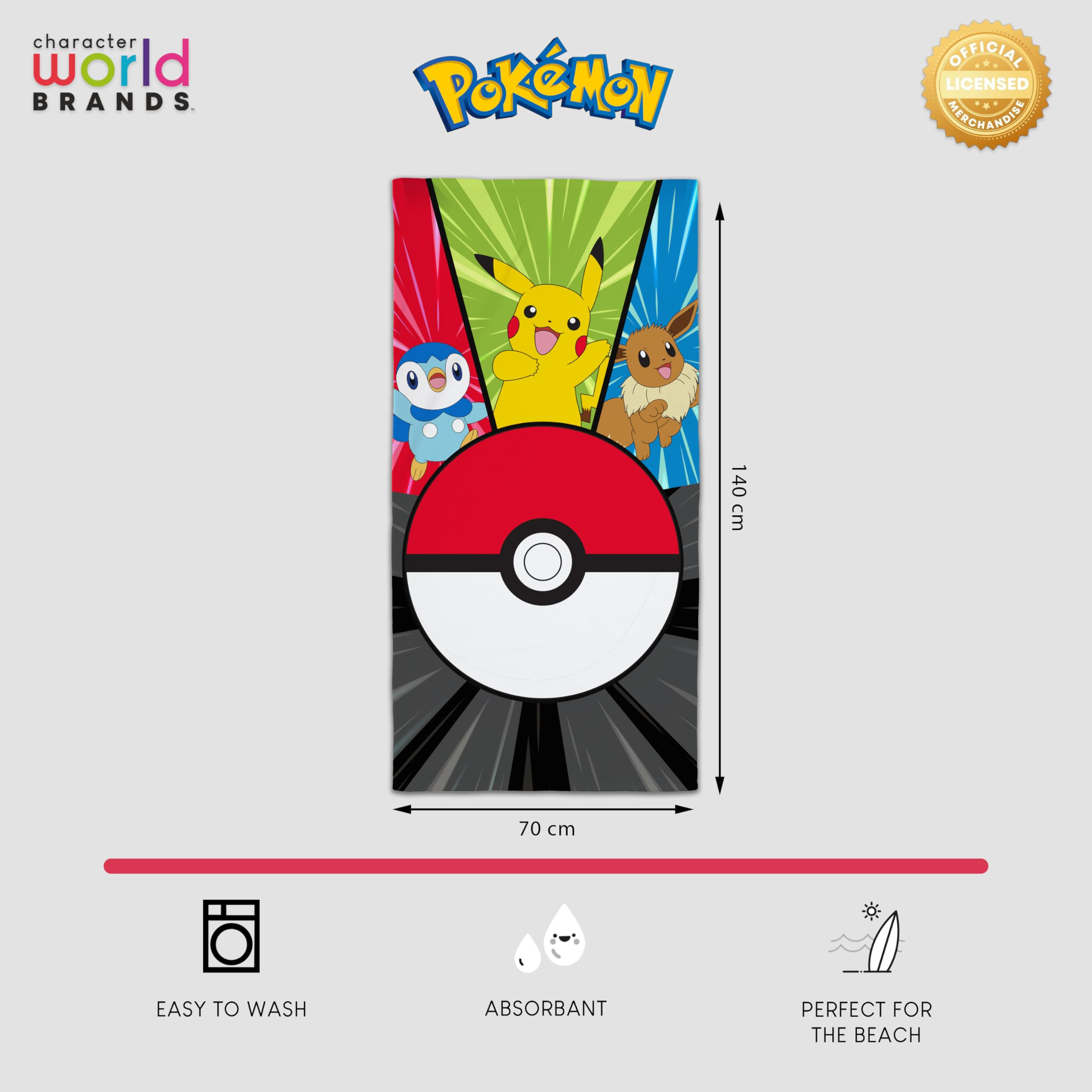 Character World Oficjalny ręcznik dla dzieci Pokémon | super miękki w dotyku, unite design z pikachu, pokeball, idealny do domu, wanny, plaży i basenu, jeden rozmiar 70 cm x 140 cm