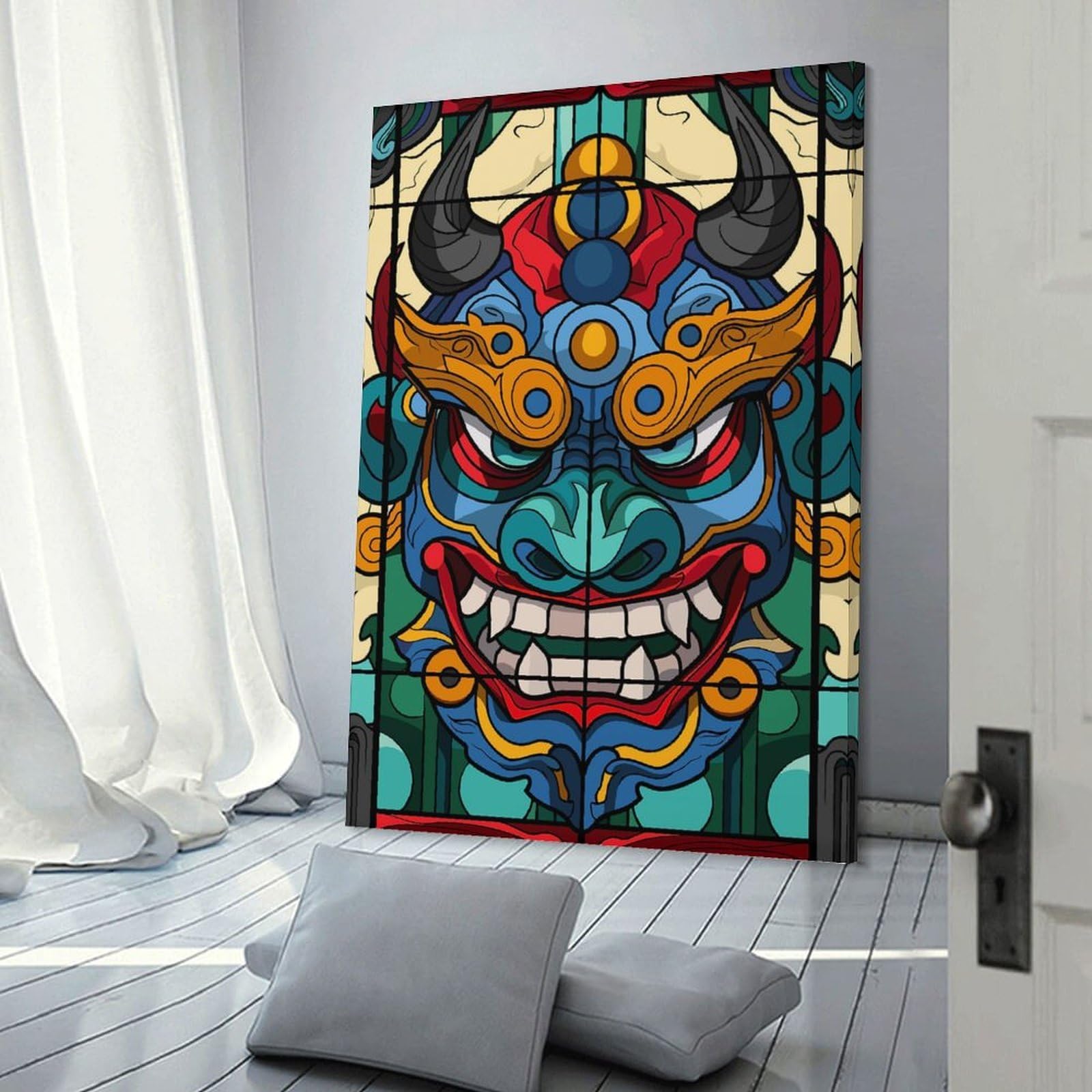 Junmoney Stained Glass Oni Mask Canvas Art Print, 12x18inch(30x45cm), for Wall Displays, Bedrooms Or Room Updates, Home Wall Art for Statement Displays