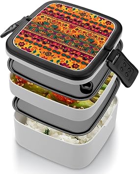 Bento Box Adult Lunch Box Lunchable Food Container with Utensil Mexican Folk Art Boho Lunchbox Leak-Proof Lunch Containers Double Layer Bento Box for Dining Out Work Picnics Travel