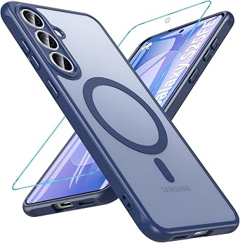 OWKEY for Samsung Galaxy S25 FE Case 6.7, Magnetic Galaxy S25 FE Case for Magsafe with Tempered Screen Protector [Shockproof Military] Translucent Matte Bumper Phone Cover Samsung S25 FE 5G, Blue