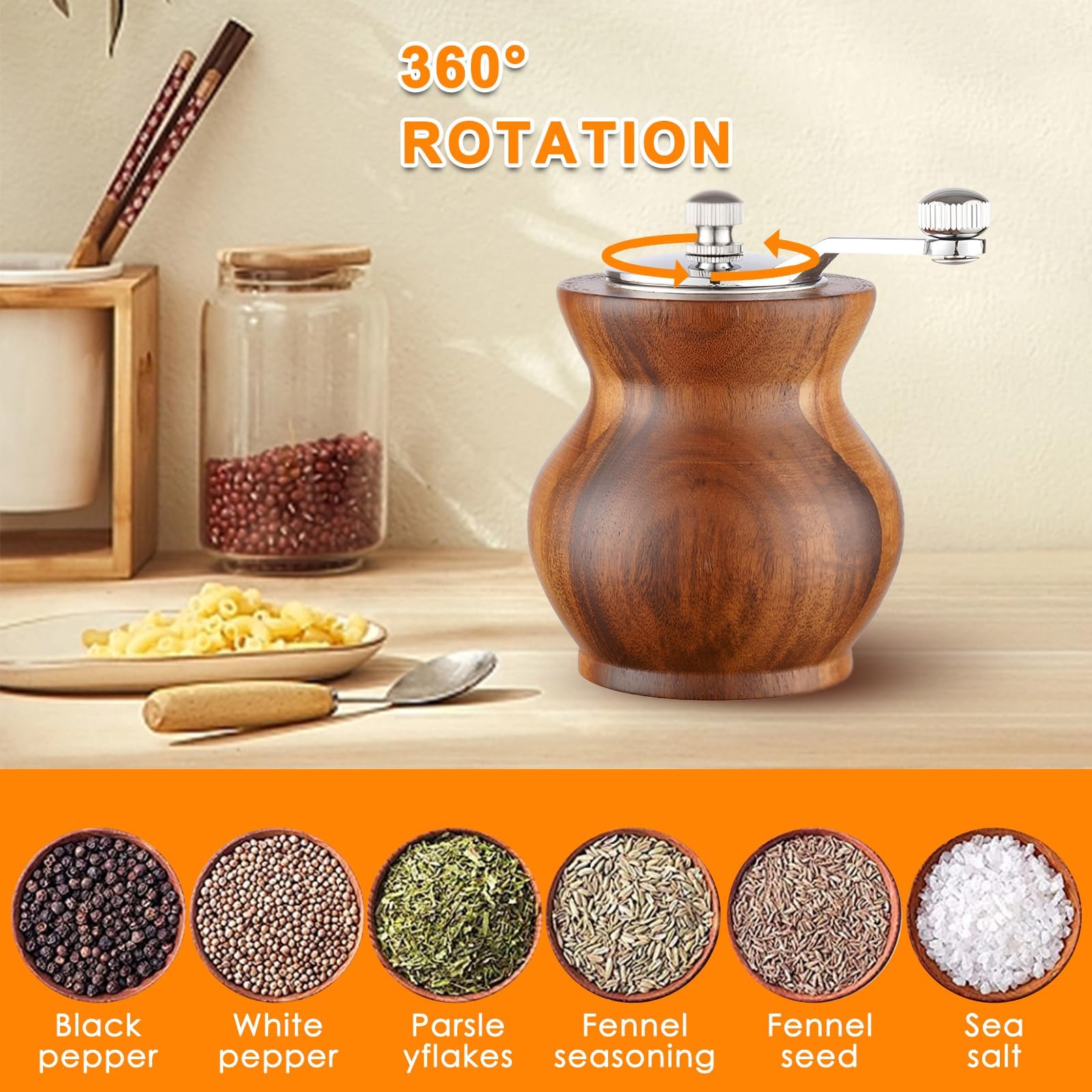Molinillo de pimienta, molinillo de pimienta de madera clásico para cocina, molinillo de pimienta manual de madera y acrílico, molinillo de sal de manivela con grosor ajustable, ideal para 3