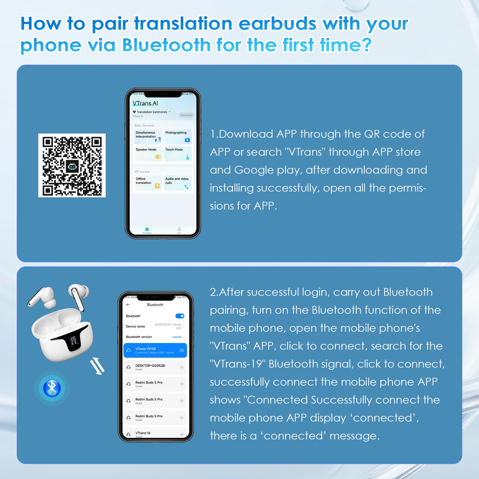 Gueray Auricolari Traduttore AI con App, Bluetooth 5.4 Cuffie Traduzione per iOS & Android, 6 Modalità & 112 Lingue Traduzione in Tempo Reale -Ideale per l'apprendimento, i Viaggi e Gli Affari