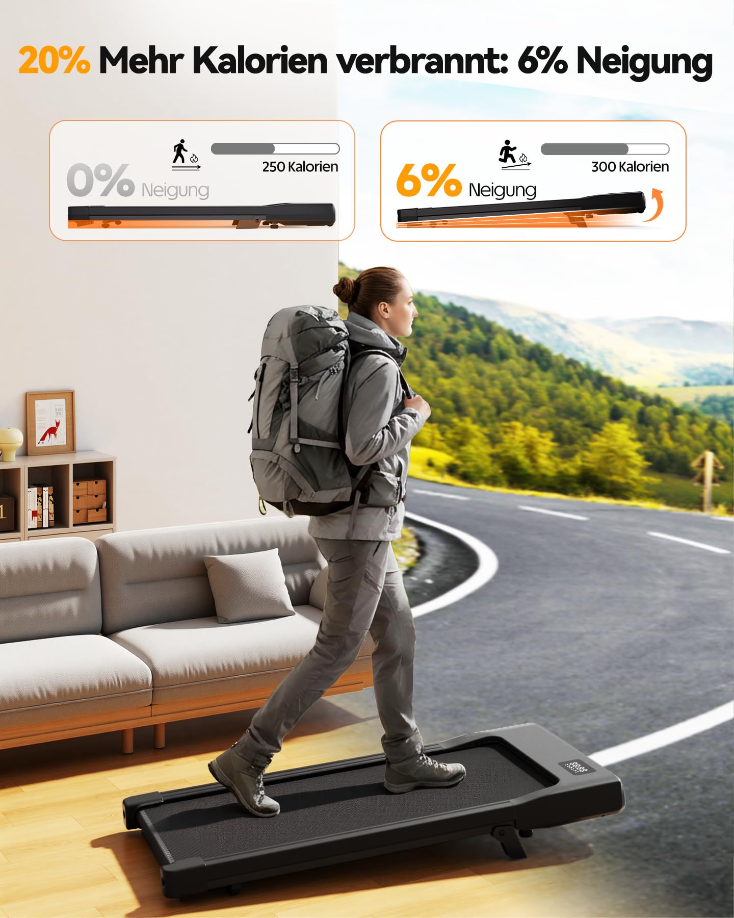 Walking Pad mit Steigung 6% Lacuffy, Laufband für Zuhause 6km/h & 12km/h mit Fernbedienung und App, 8 HIIT & 4 MIIT Laufband Schreibtisch für Zuhause & Büro max 136kg mit Mehrpersonen-Laufwettbewerb