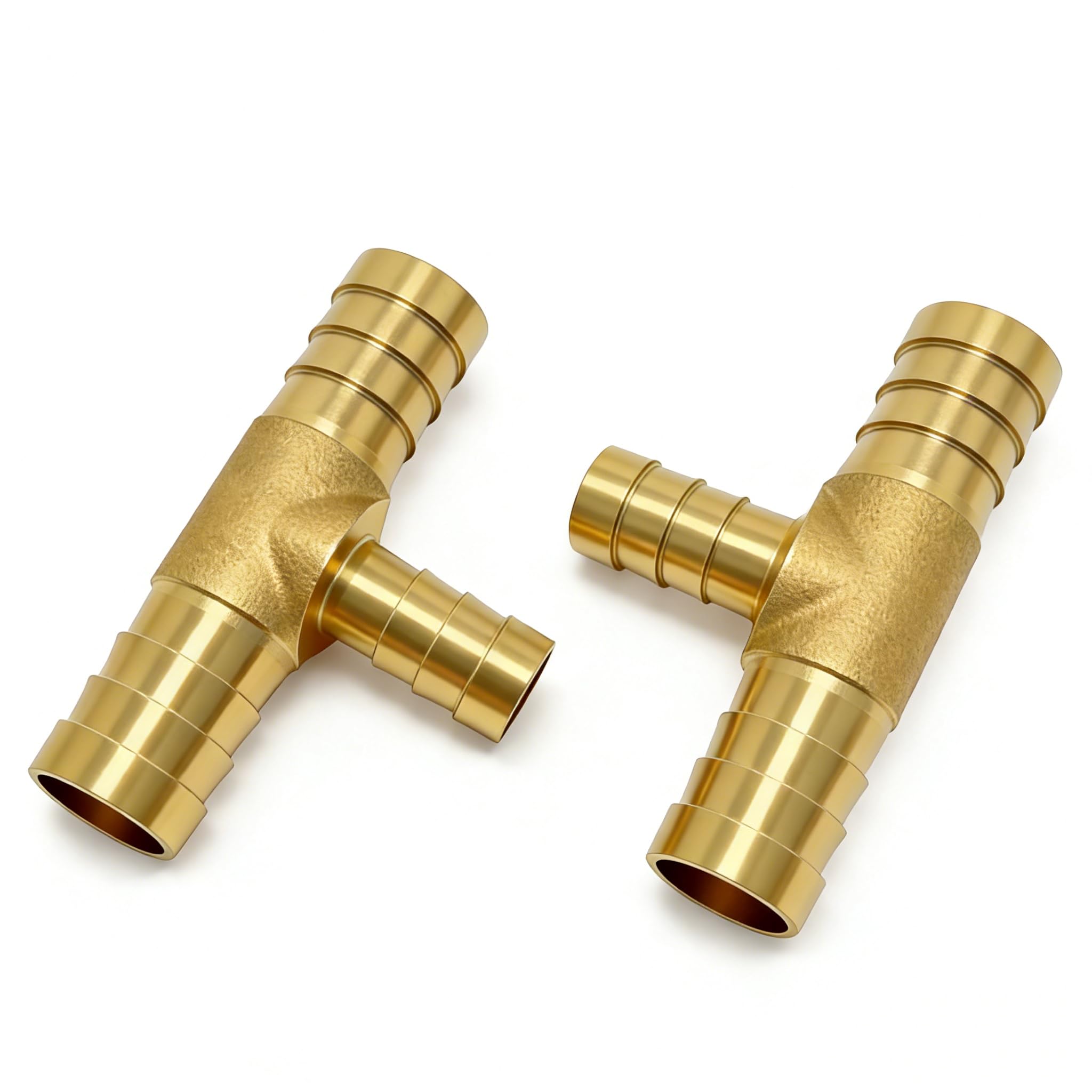 Closmos - 2 reductores en T de latón para manguera, 1/2 pulgada x 3/8 pulgadas de púas x 1/2 pulgadas, conector de 3 vías con 6 abrazaderas de manguera