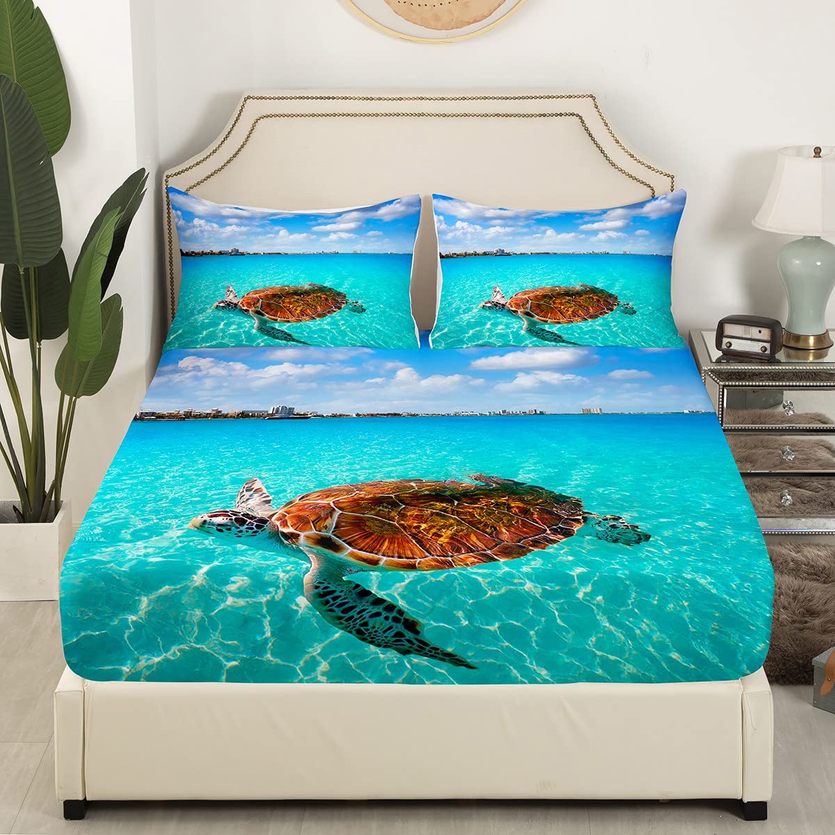 Sea Turtle Bedding Set Marine Life Printed Sheet Set Teal Sea Hawaiian Turtle Pattern Fitted Sheet, Boys Teens Girls Tortoise Fitted Bed Sheets Ocean Beach Theme Fitted Sheet Deep Pockets, Queen