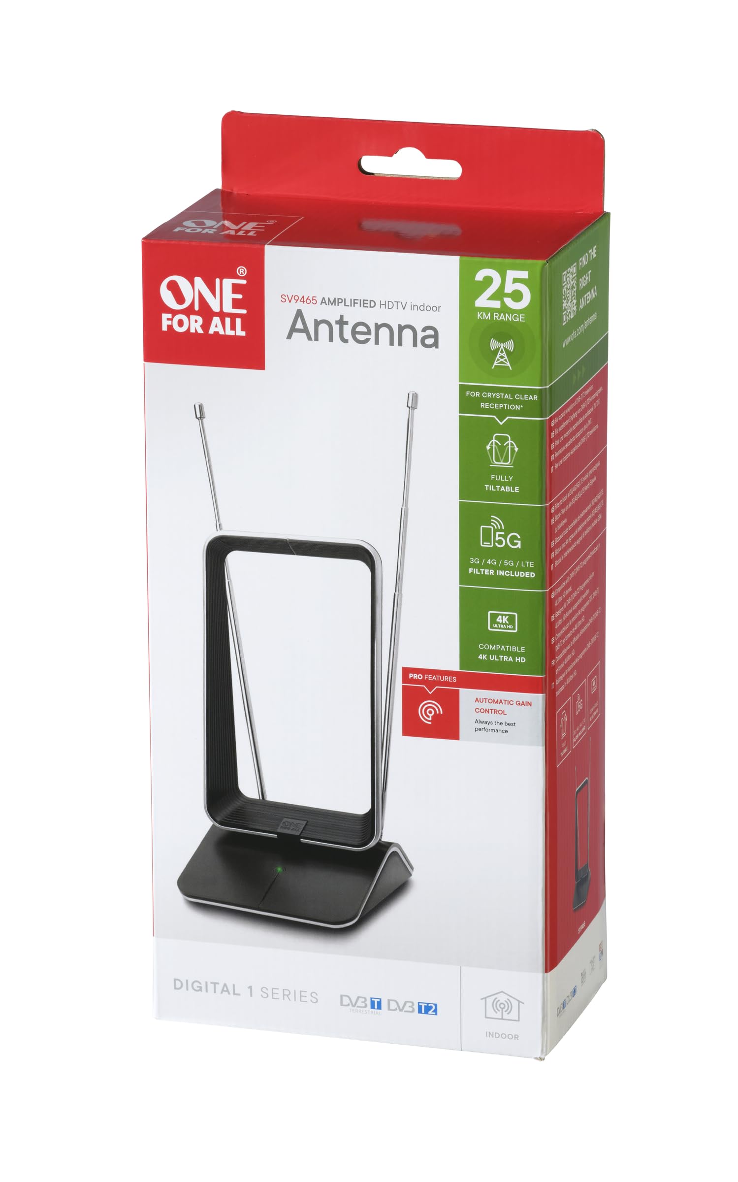 One For All - Antena de TV Interior Amplificada - Recibe TDT en un Rango de 25km - Antena Full HD TV Digital - Incluye Cable Coaxial de Alto Rendimiento - VHF/UHF - Filtro 3G/4G/5G - Negra - SV9465