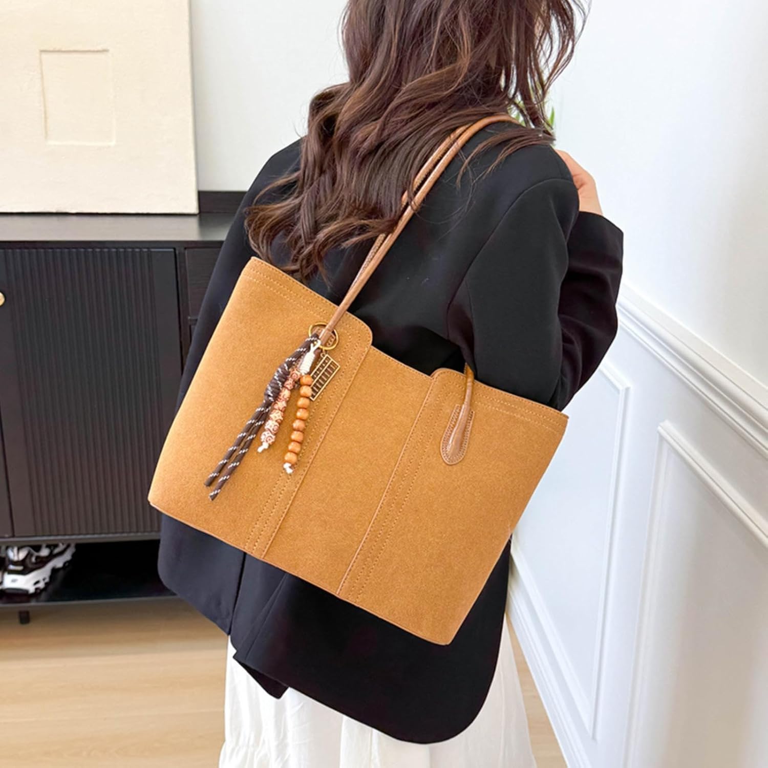 Travistar Tote Bag for Women - Faux Suede Leather Purse Shoulder Top Handle Handbags Fall Hobo Work Satchel 2025 with Pendant - Image 3