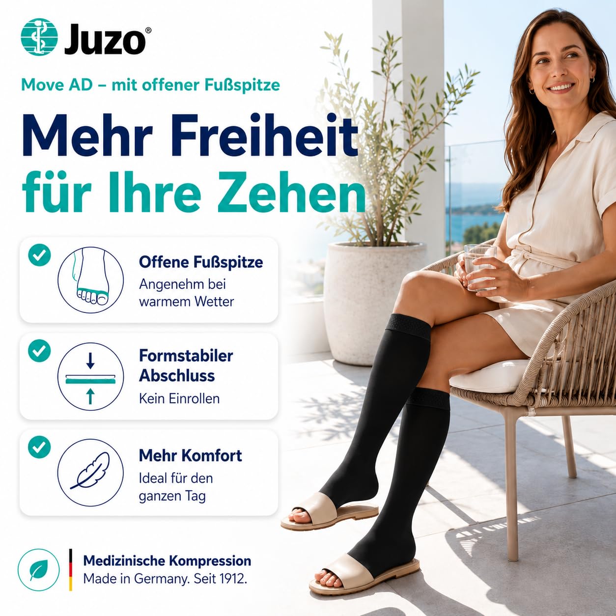 Juzo Move AD Kompressionsstrümpfe KKL2 (23–32 mmHg) mit offener Fußspitze: Mikrofaser-Klimakomfort, atmungsaktiv & strapazierfähig, für Damen und Herren, Made in Germany