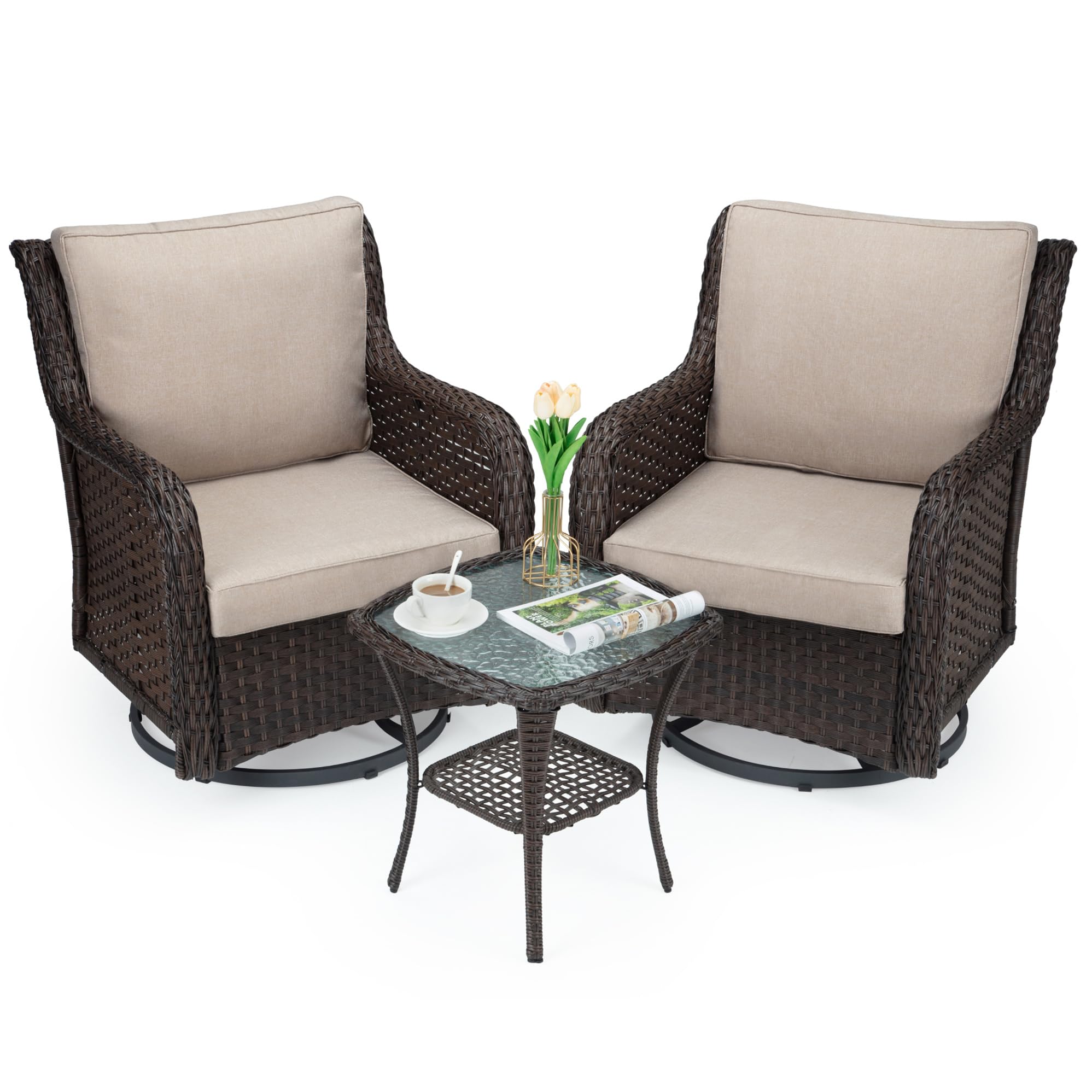 Photo 1 of GAOMON Outdoor Wicker 360° Swivel Rocker Patio Chairs Set, Beige Cushions 1