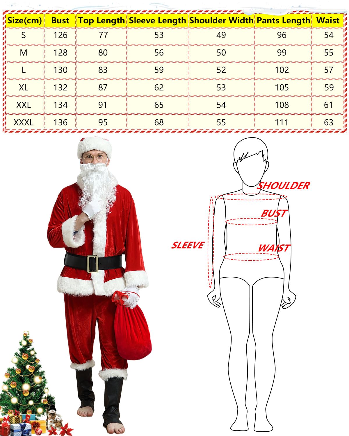 Kouric Weihnachtsmann Kostüm Herren,10-teiliges Lustig Weihnachtskostüm Damen,Weihnachtsmann Bart und Perücke, Deluxe Santa Claus Costume Nikolauskostüm Brille/Sack, Weihnachtsmann Anzug Erwachsene