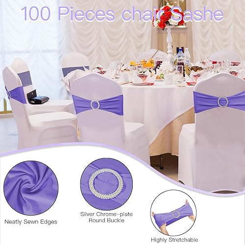 Miniatura 3 de 100 piezas de fajas elásticas de elastano con lazos para sillas, bandas de cubierta de silla con hebilla deslizante para eventos de boda, fiesta,