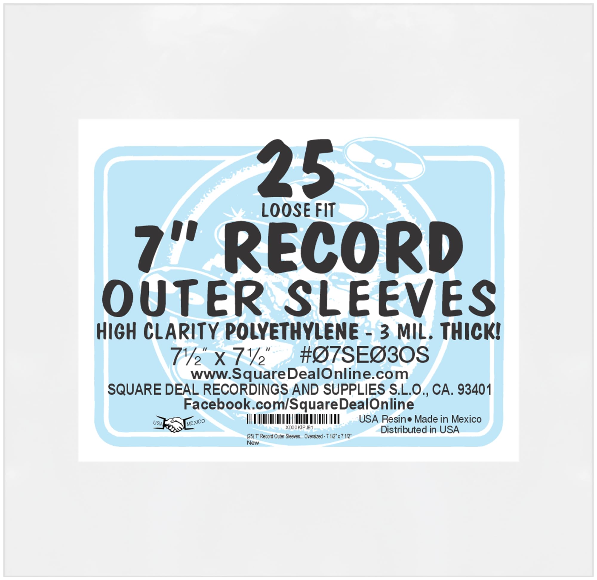 Square Deal Recordings & Supplies (25 pack) 7 inch Loose Fit 45rpm Record Outer Sleeves - Heavy Duty 3 Mil Thick Soft Polyethylene - 7-1/2" x 7-1/2"